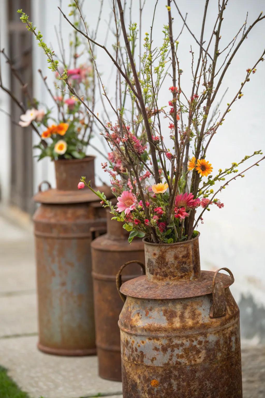 Old milk cans add rustic charm as vases with tall branches.