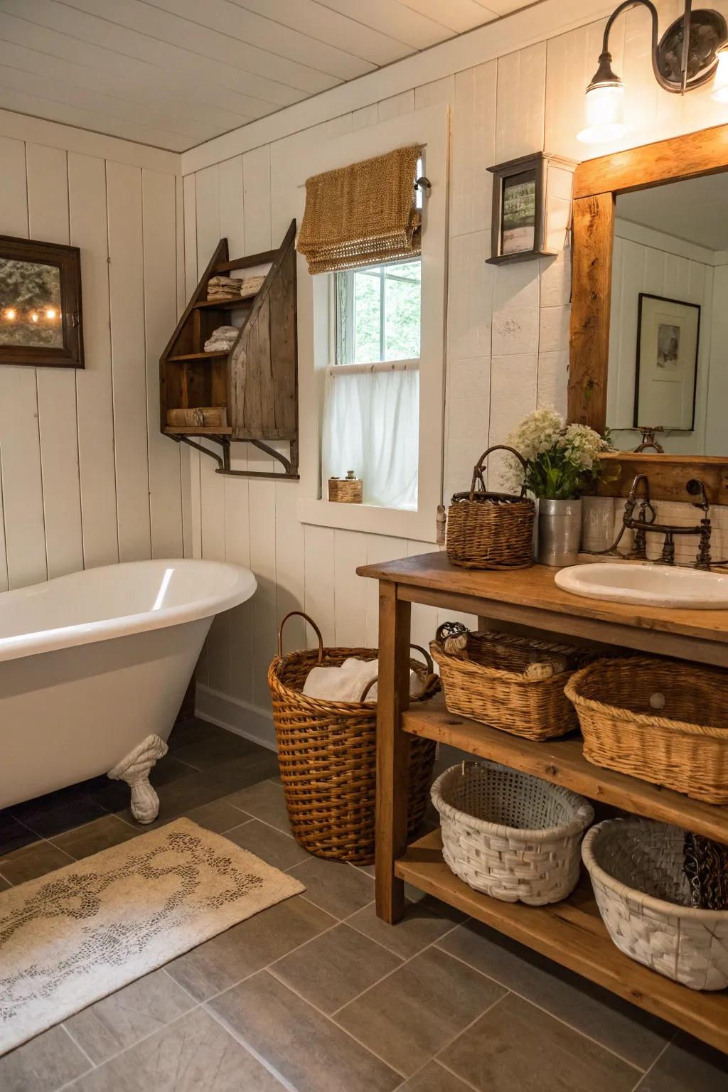 Rustic decor elements enhance the farmhouse feel of the bathroom.