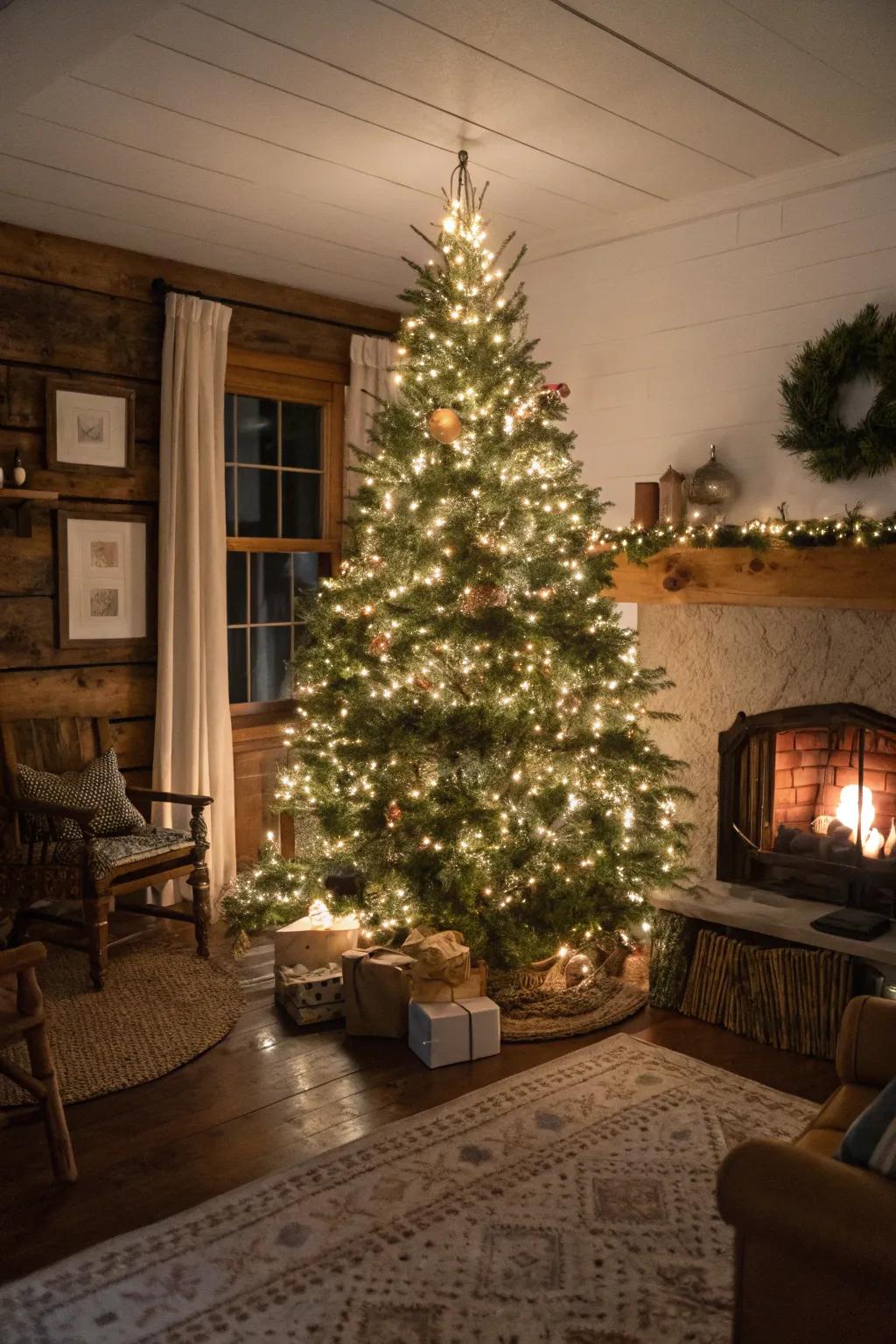 Warm string lights envelop this farmhouse Christmas tree in a magical glow.