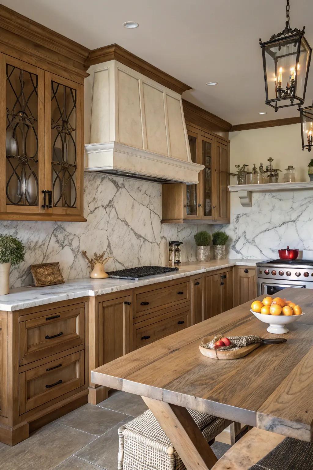 A farmhouse kitchen with an elegant marble backsplash.