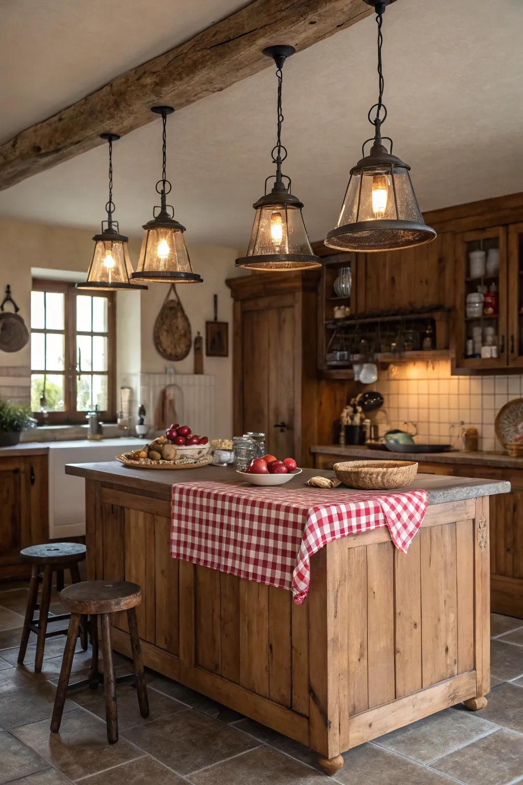 A farmhouse kitchen featuring vintage pendant lights over a wooden island.