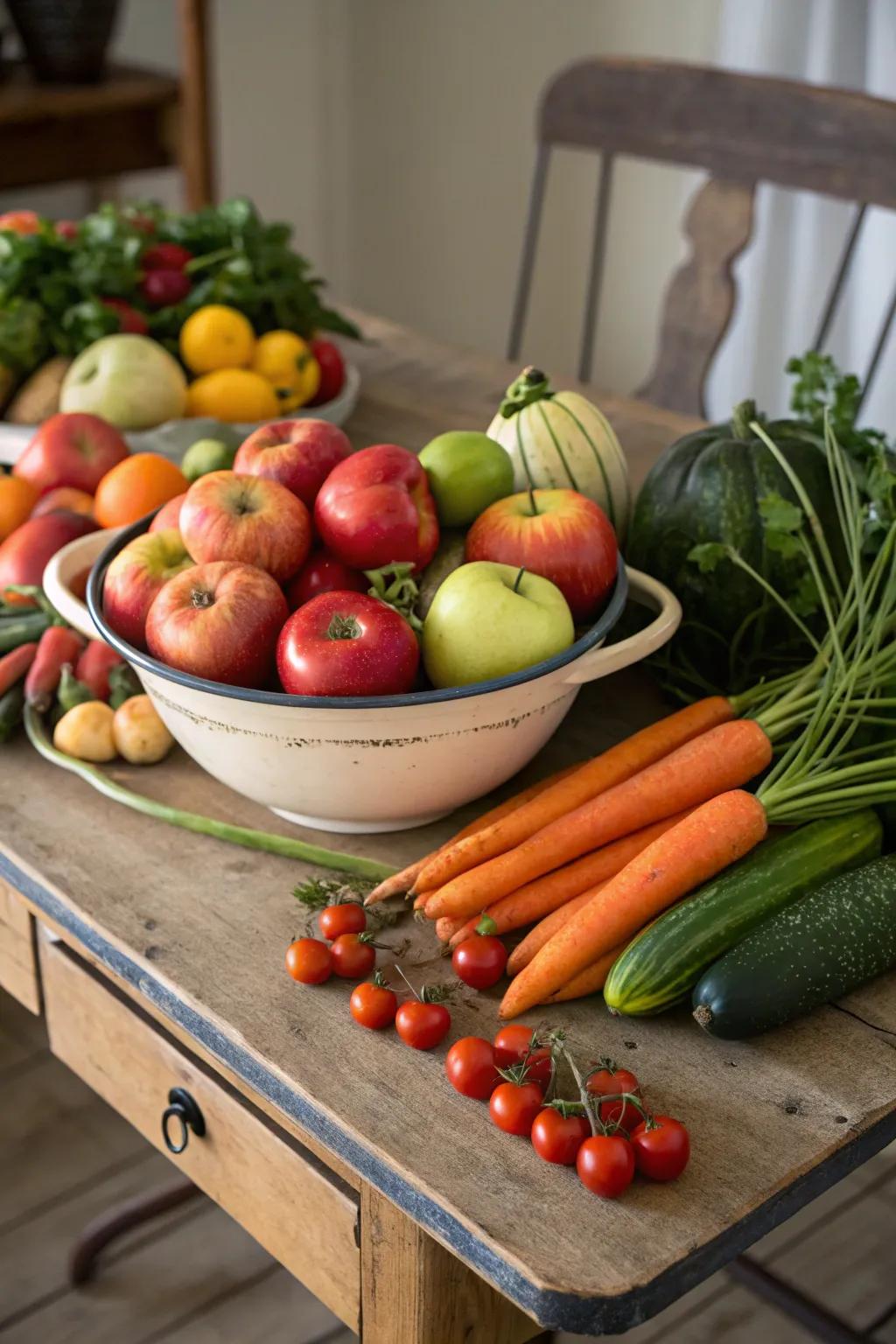 Seasonal fruits and vegetables offer a fresh and colorful centerpiece option.