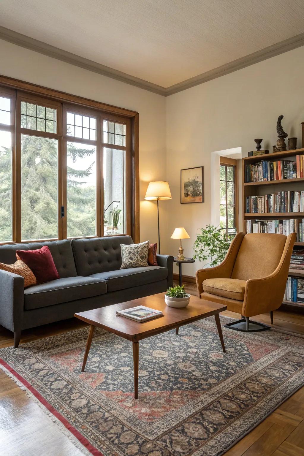 A harmonious mix of modern and vintage furniture in a living room setting.