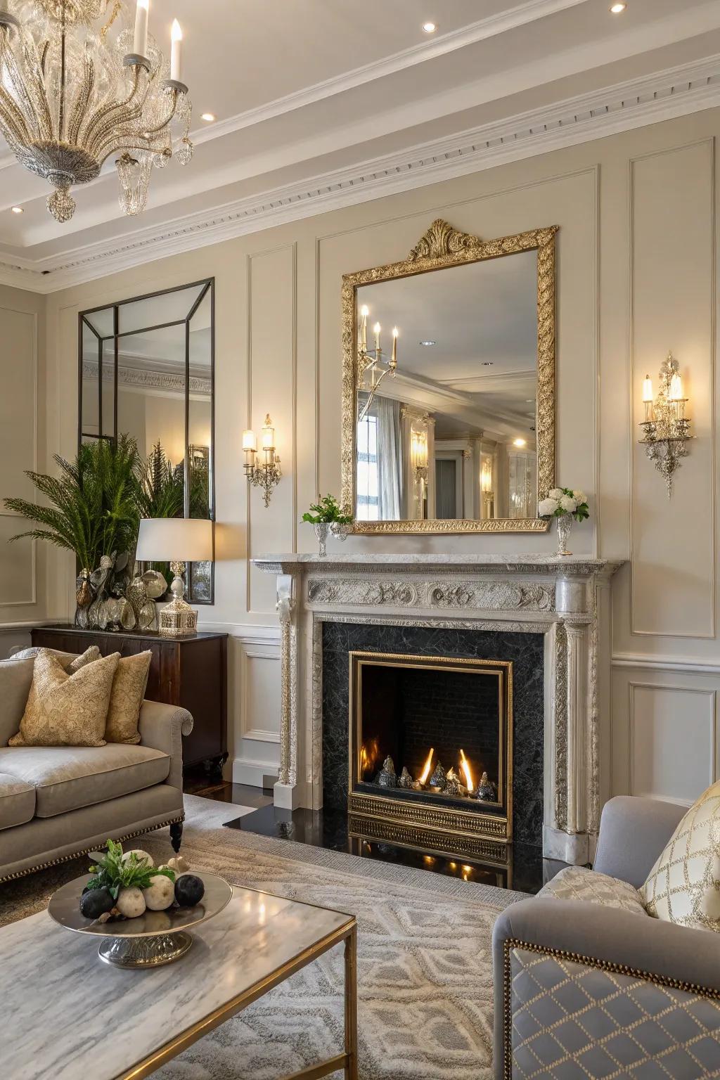 An elegant living room featuring a fireplace with metallic accents and a mirror to enhance space.