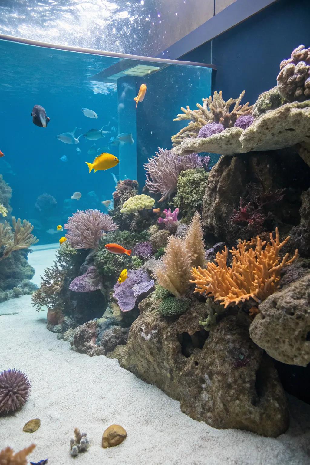 A marine-themed aquarium with vibrant corals