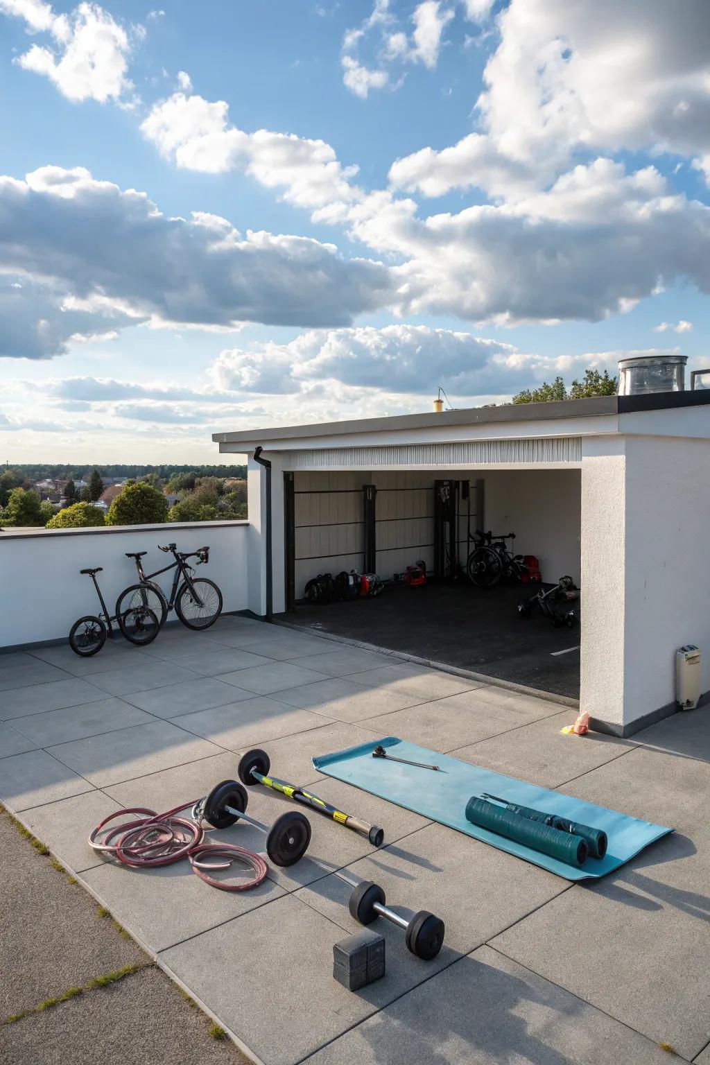 A rooftop gym on a flat roof garage offers a unique and inspiring workout space.