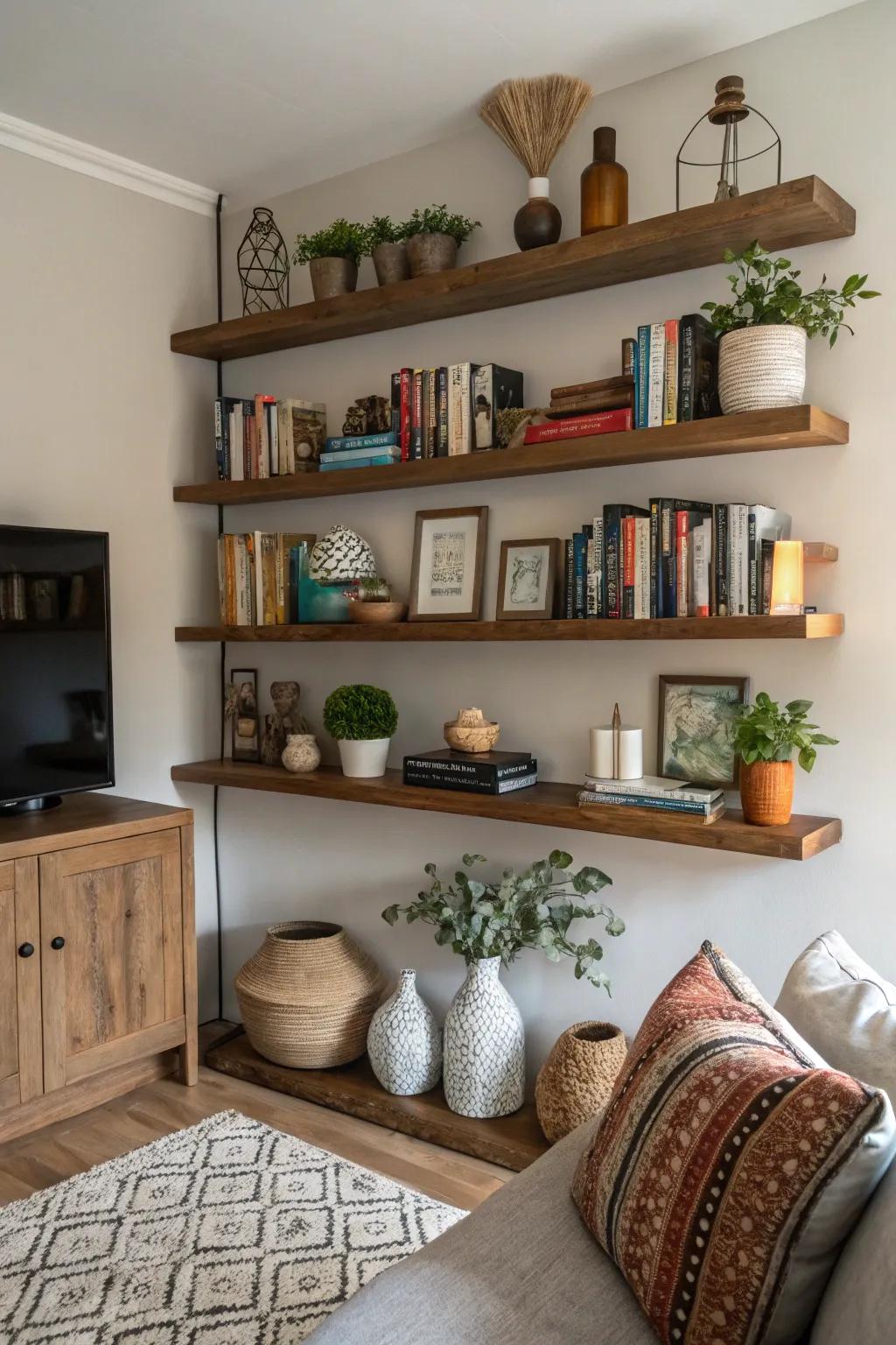 Floating shelves at varying heights for dynamic design