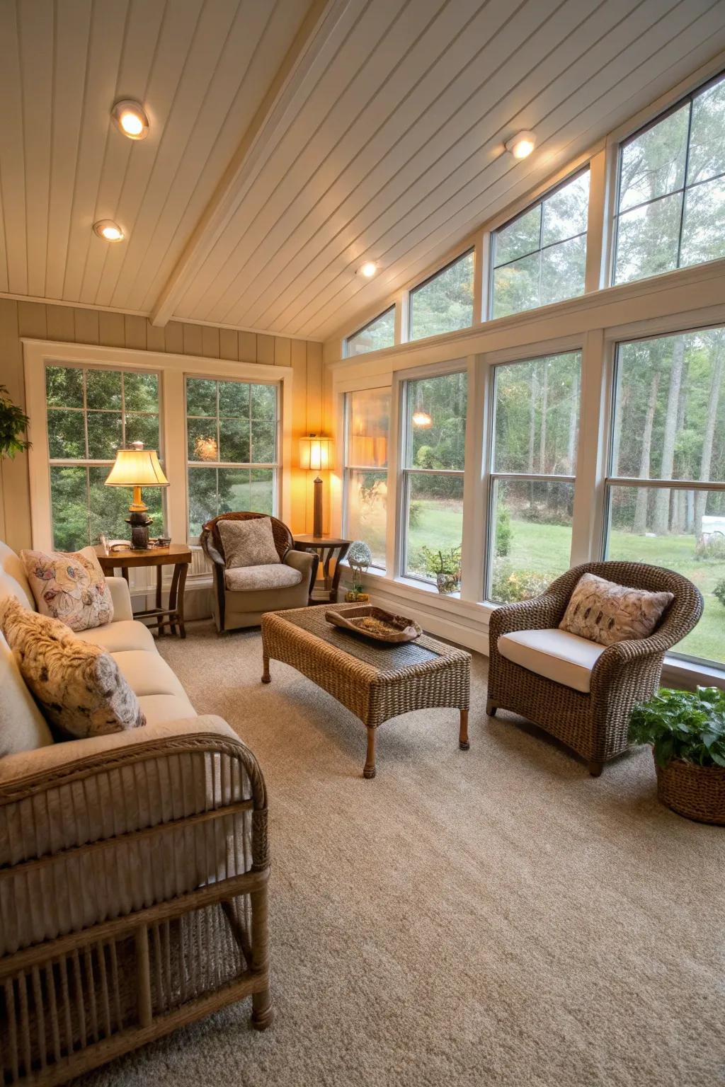 Cozy sunroom with carpet flooring.