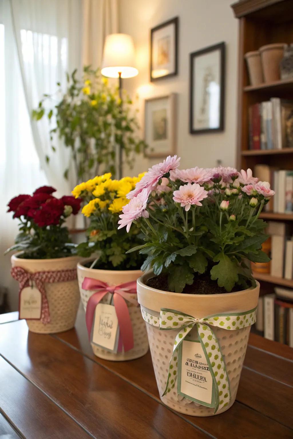 Flower pots personalized with charming decorative elements.