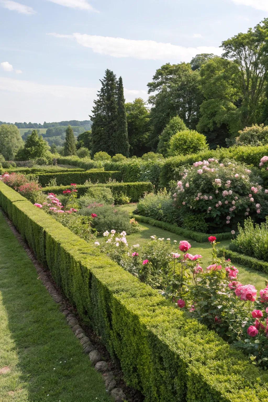 Natural hedges defining tranquil garden spaces.