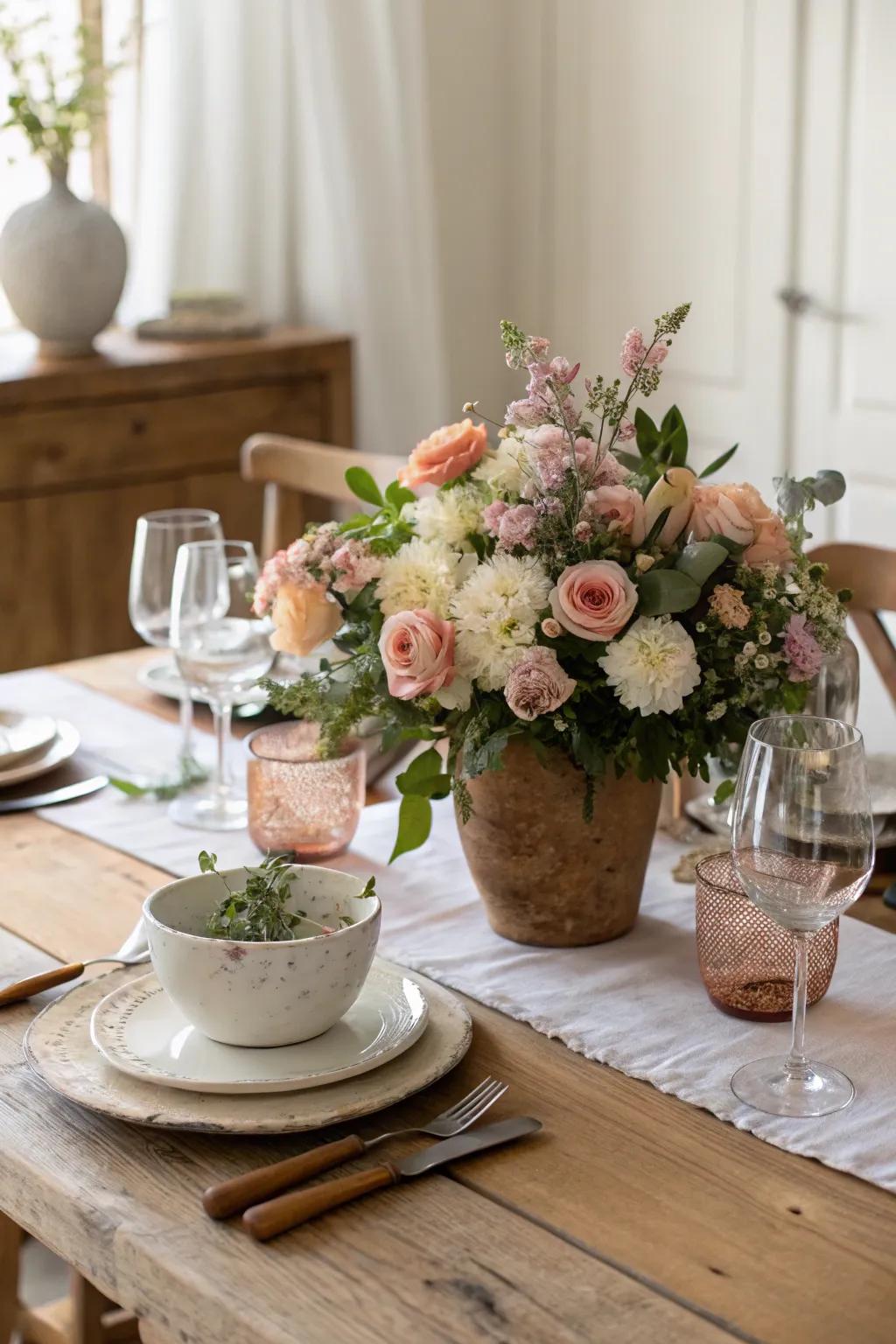 Floral arrangements bring nature and color into the dining room.