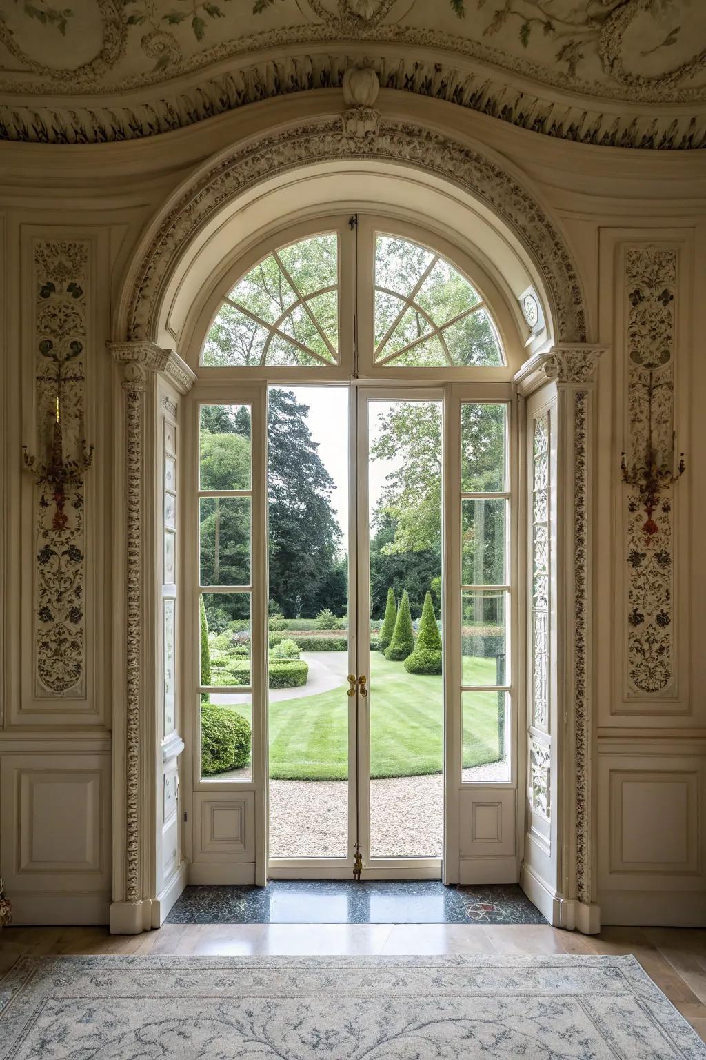 Architectural details add sophistication to French doors.