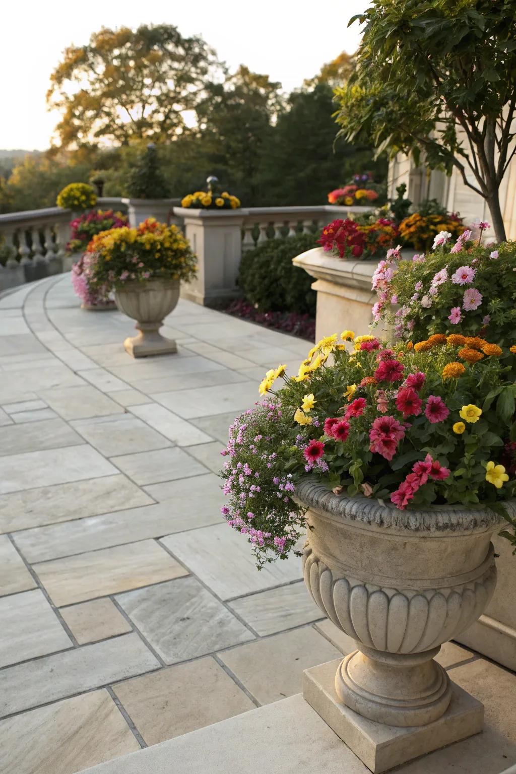 Ornate pots with seasonal blooms on a charming patio.