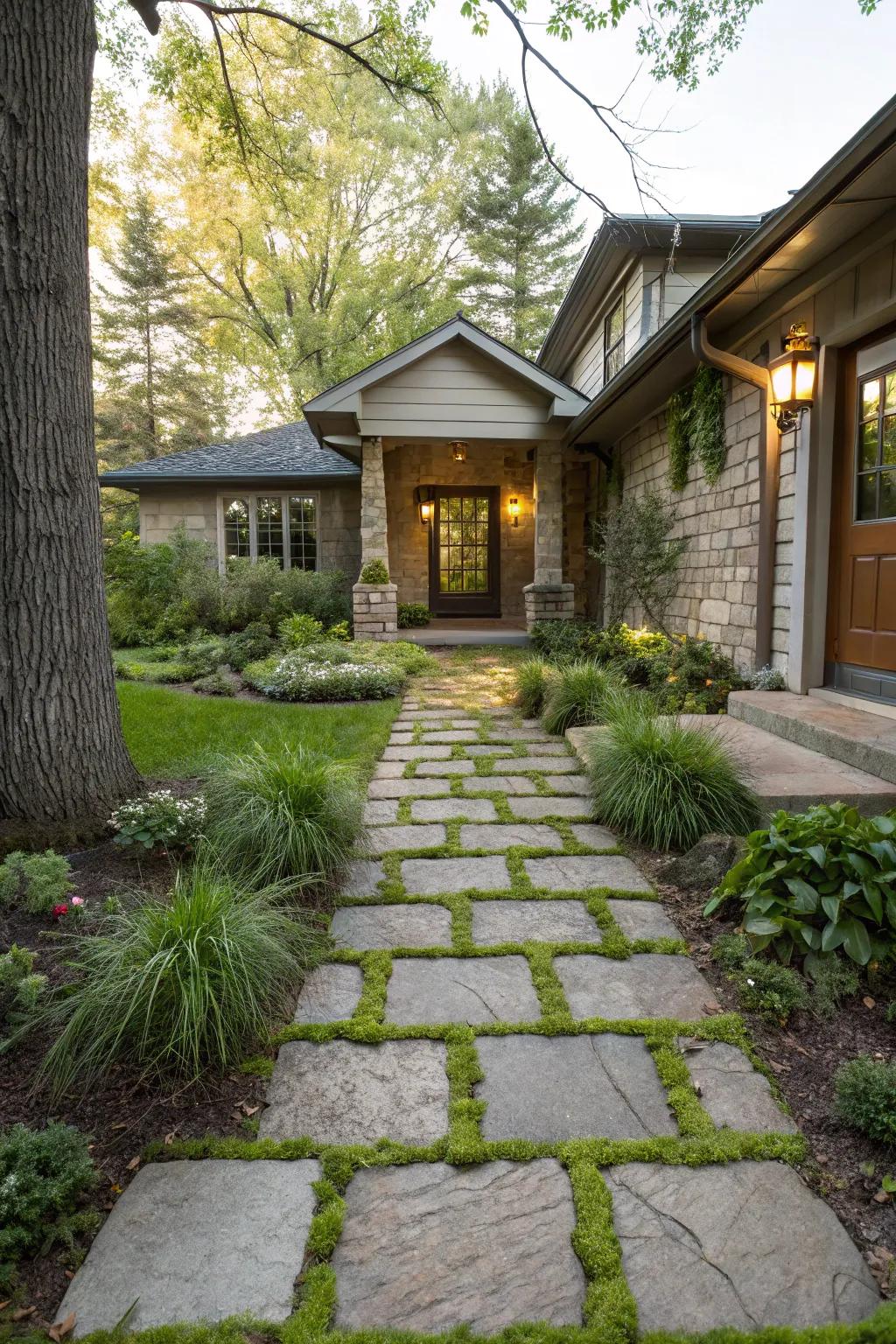 Greenery integrated with pavers for a fresh entrance.