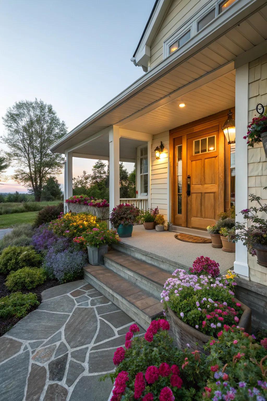 Combine your porch with flower beds for a cohesive look.