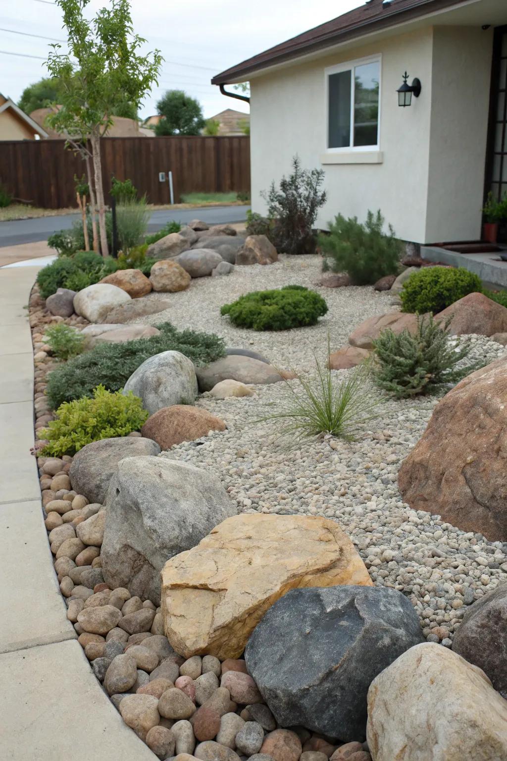 A rock garden featuring contrasting textures with various rock sizes and plants.