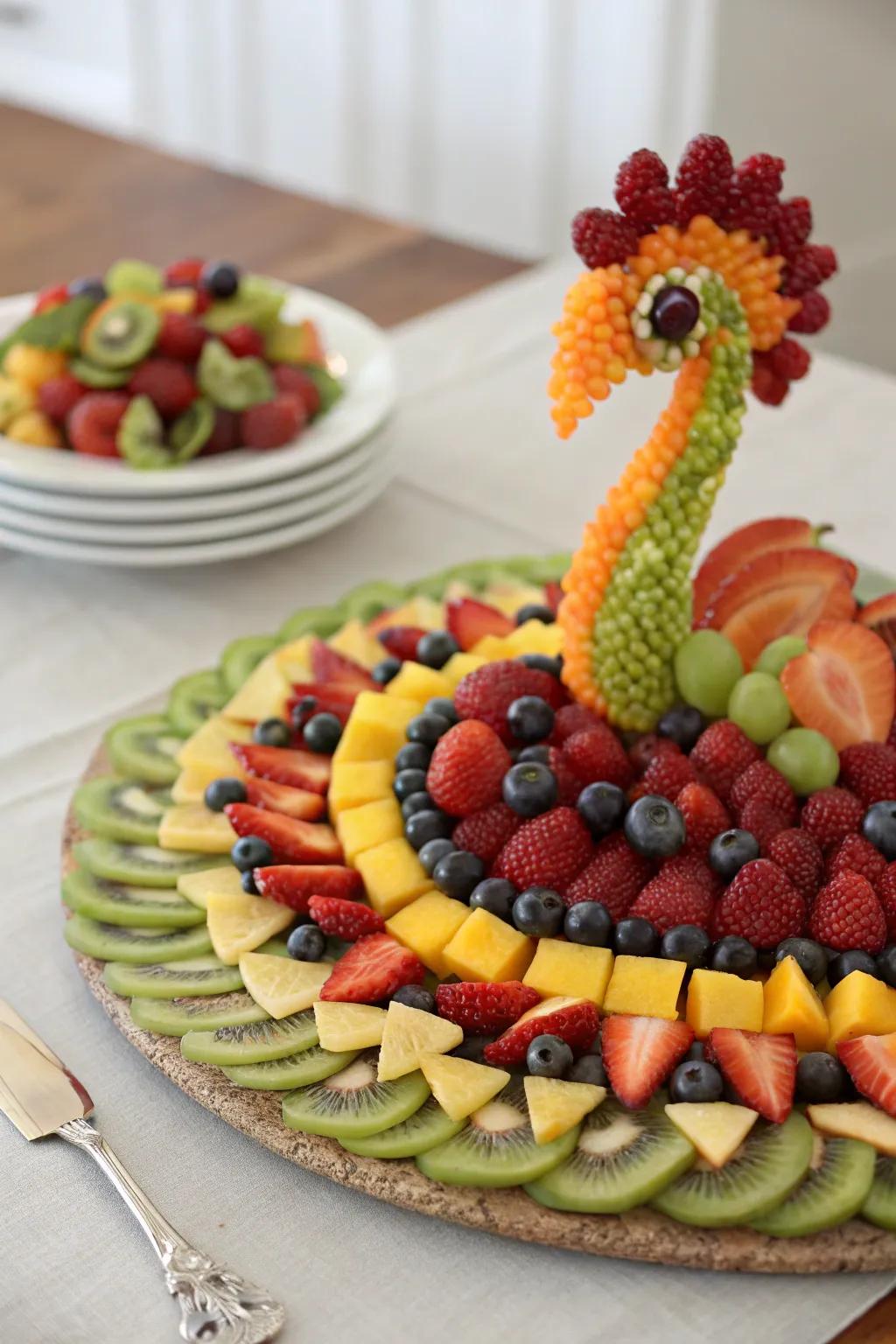 A peacock-inspired fruit arrangement is sure to impress.