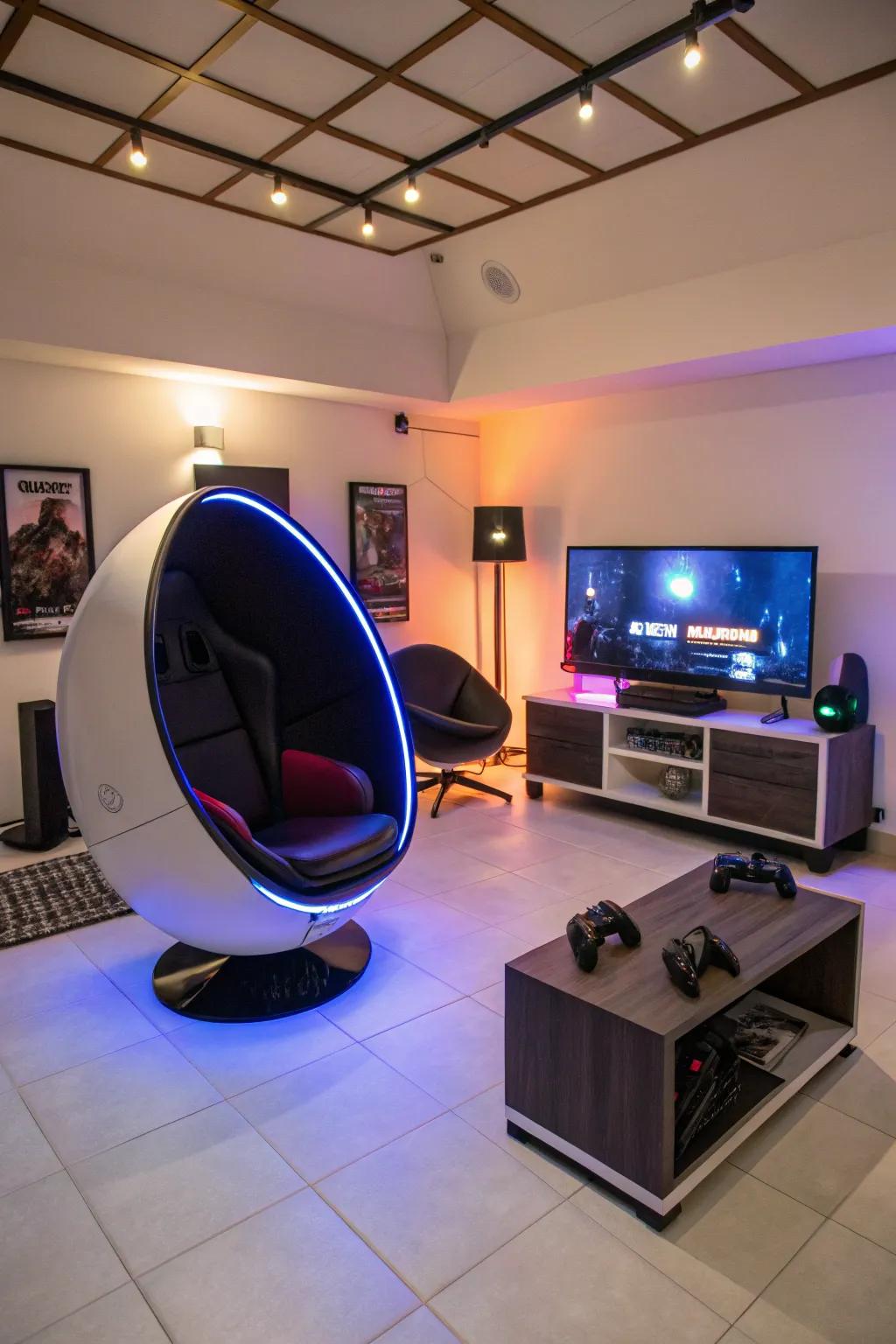 Step into the future with sleek pod chairs in your game room.