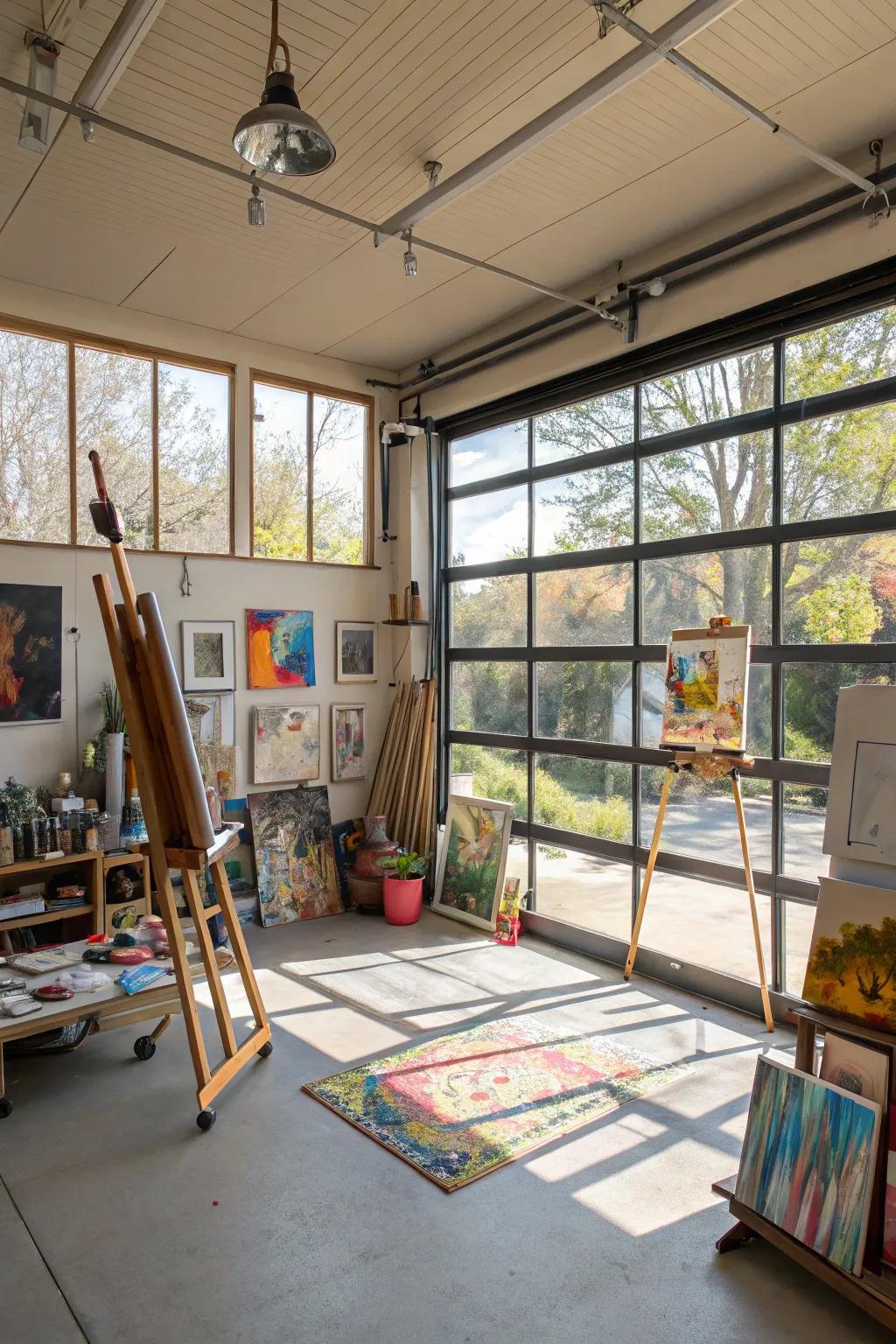 An art studio bathed in natural light within a garage.