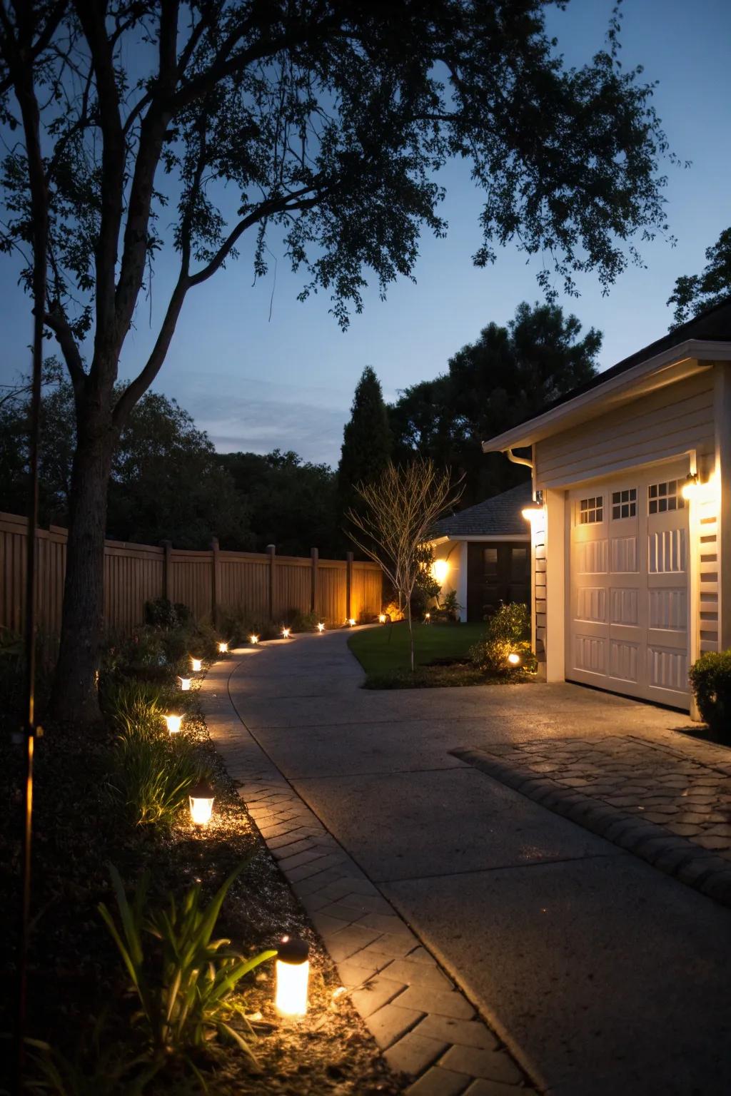 Driveway lighting that enhances evening curb appeal.