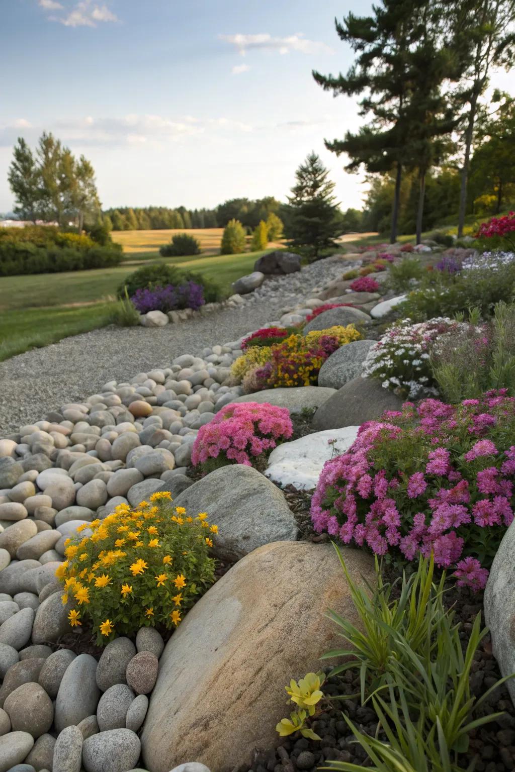 Integrate stones for a textured and natural garden edge.