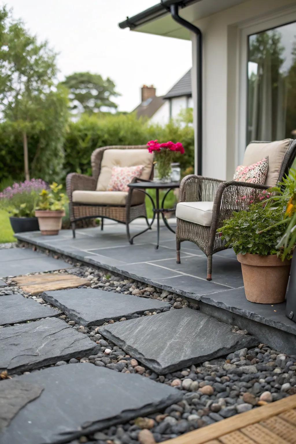 Relax in style with a patio area enhanced by sleek slate chippings.