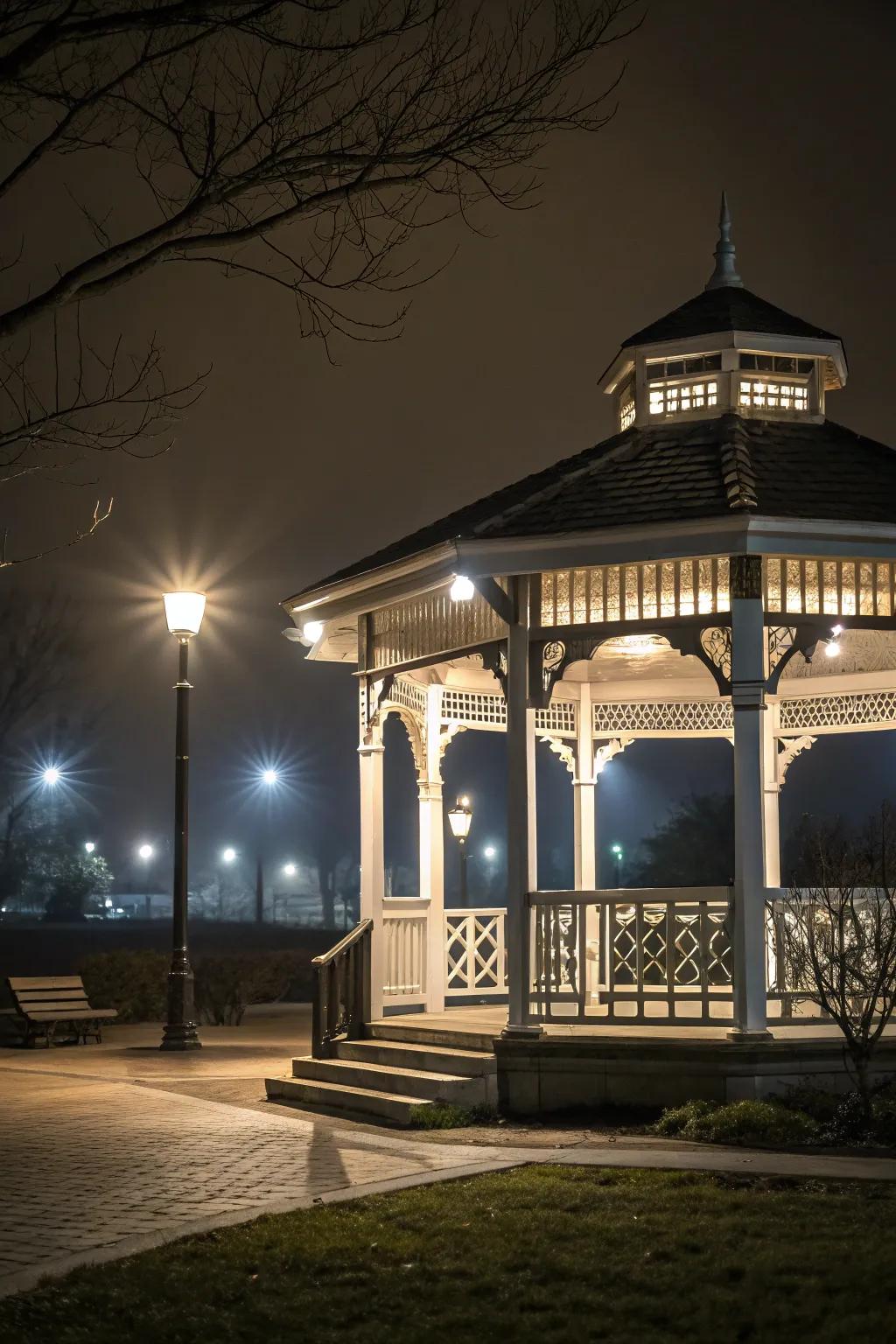 Spotlights add drama by highlighting the architectural beauty of your gazebo.