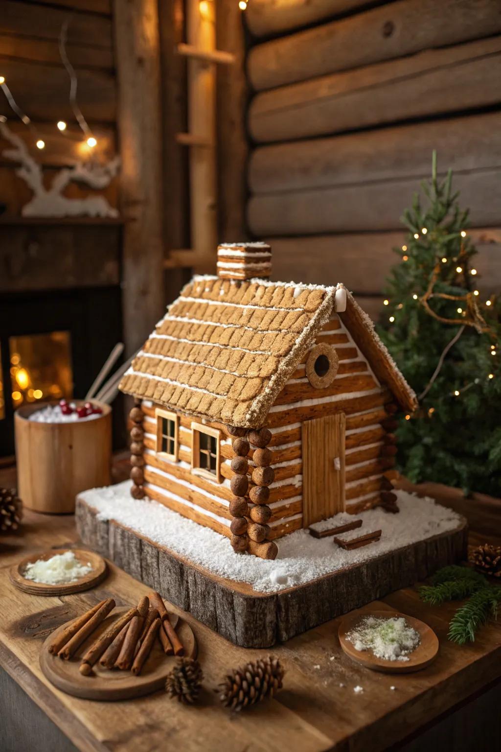 A gingerbread house with a pretzel log cabin roof.