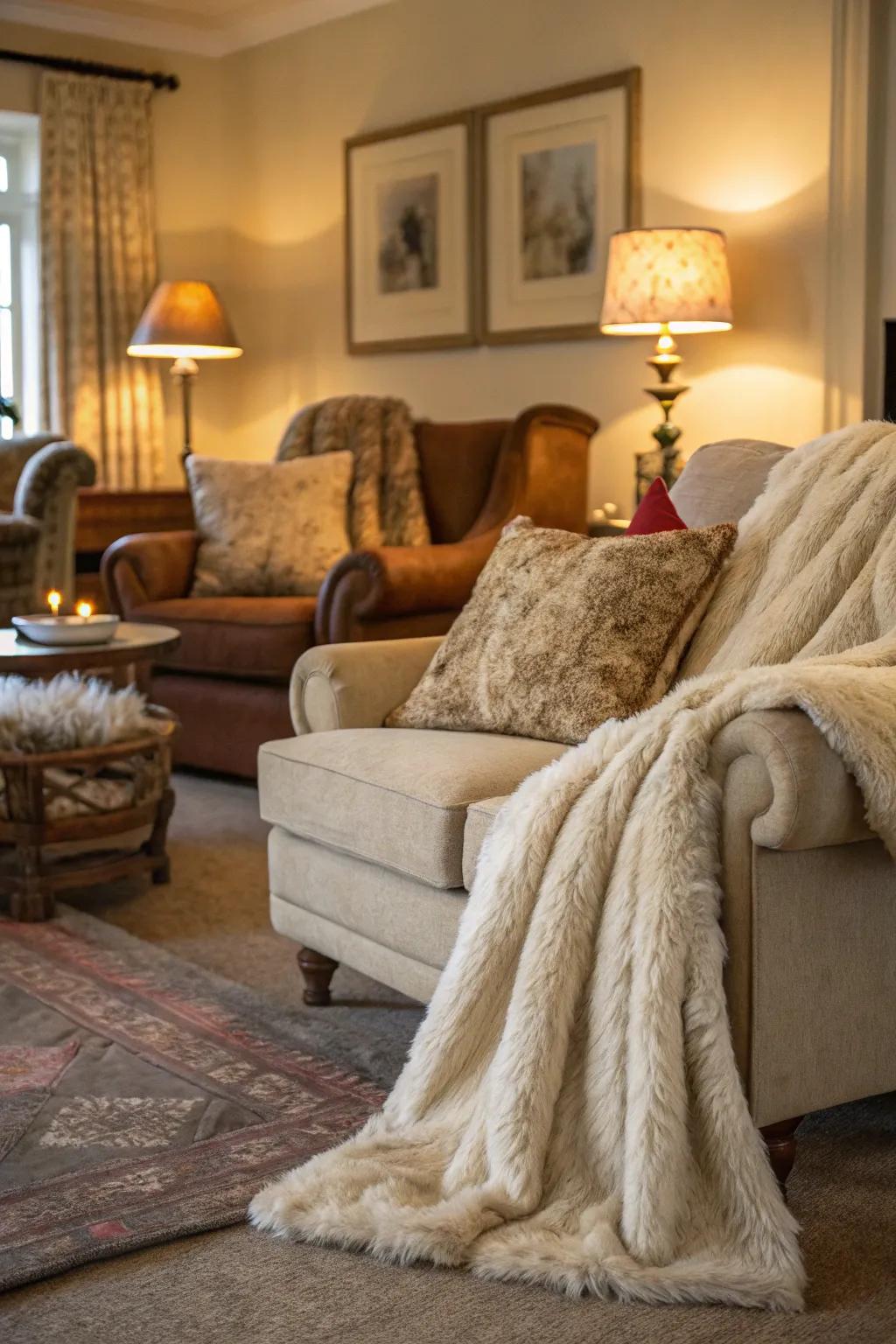 A cozy living room with soft faux fur throws adding warmth.