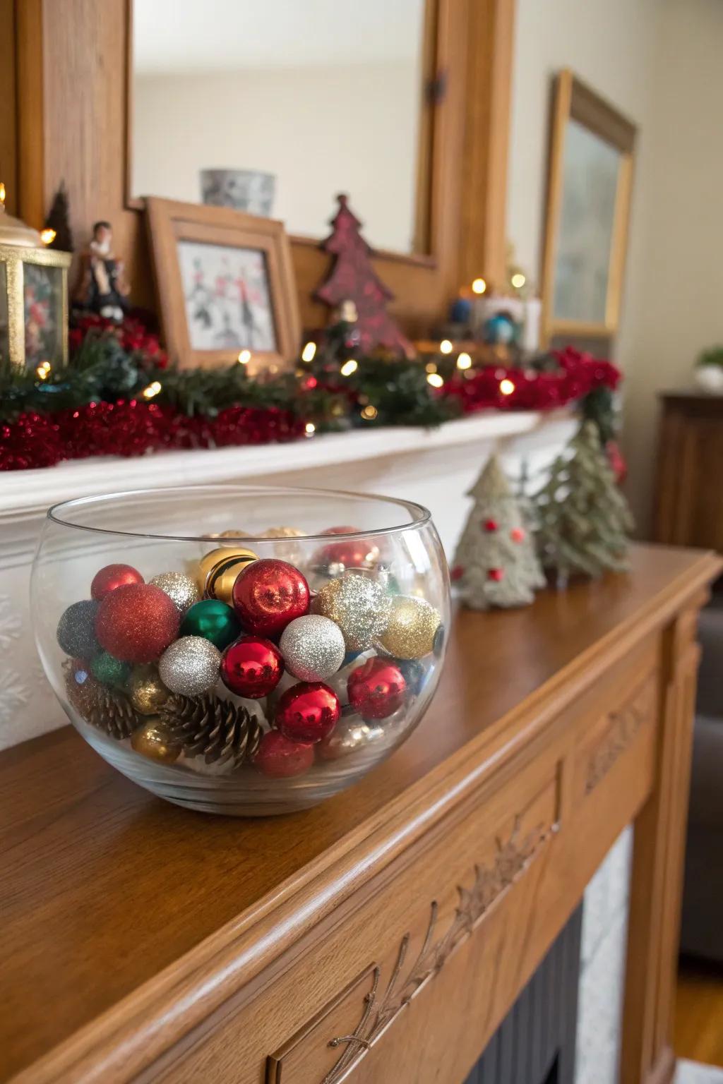 Seasonal ornaments in a glass bowl add festive charm.