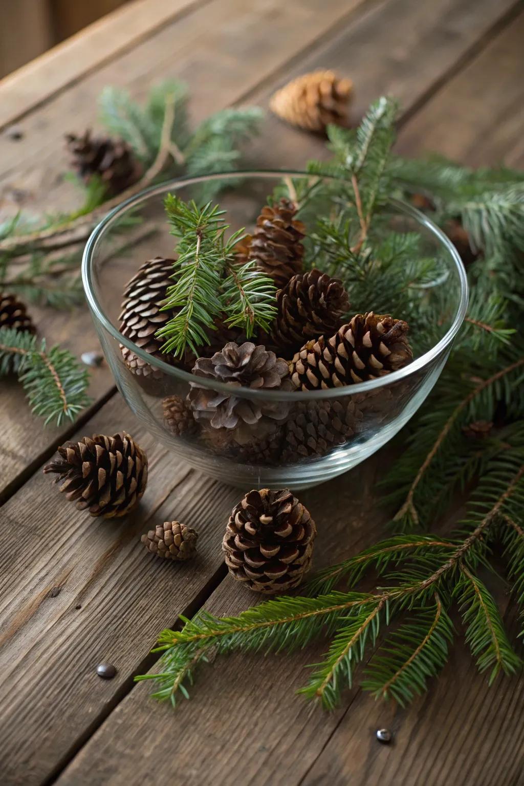 Natural elements like pine cones and greenery in a glass bowl.