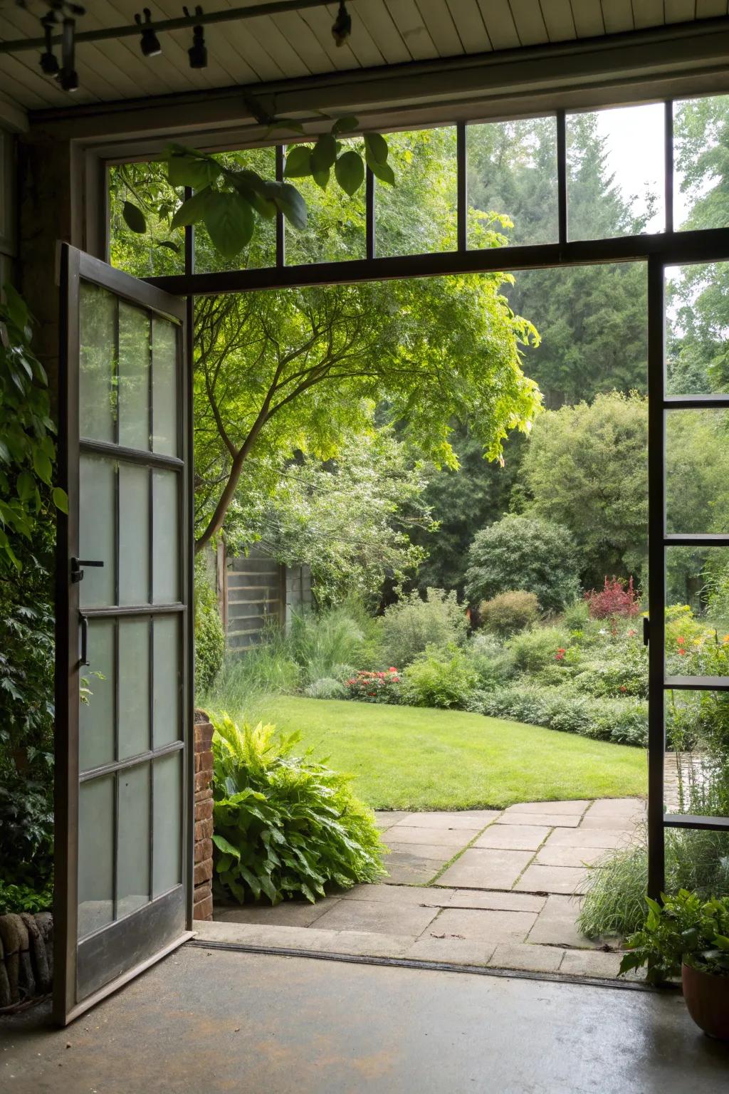 A home that beautifully integrates greenery through a glass garage door.