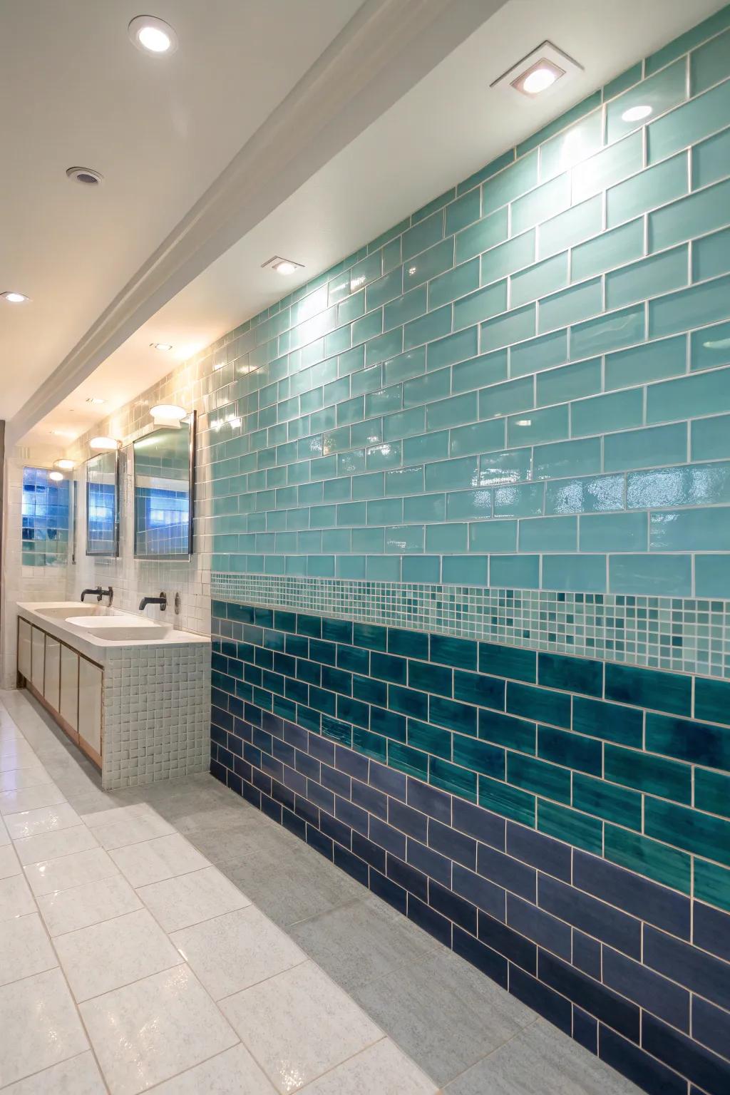 Color gradients in glass tiles create a stunning ombre effect.