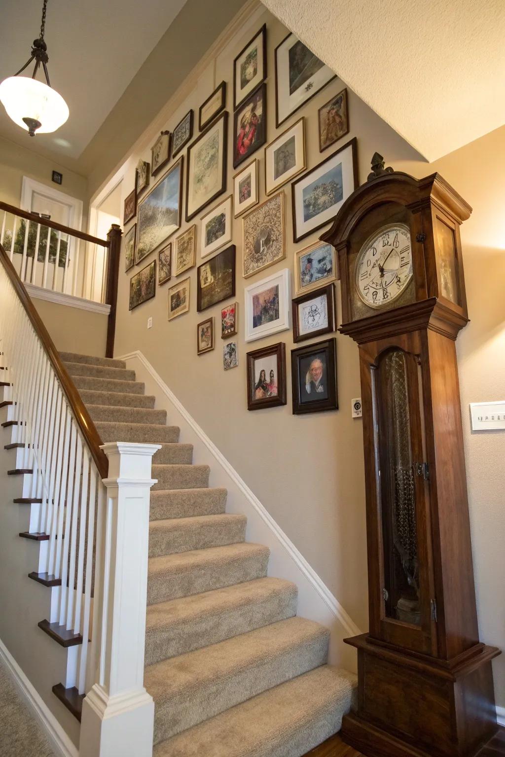 A grandfather clock creates a focal point at the base of a staircase.