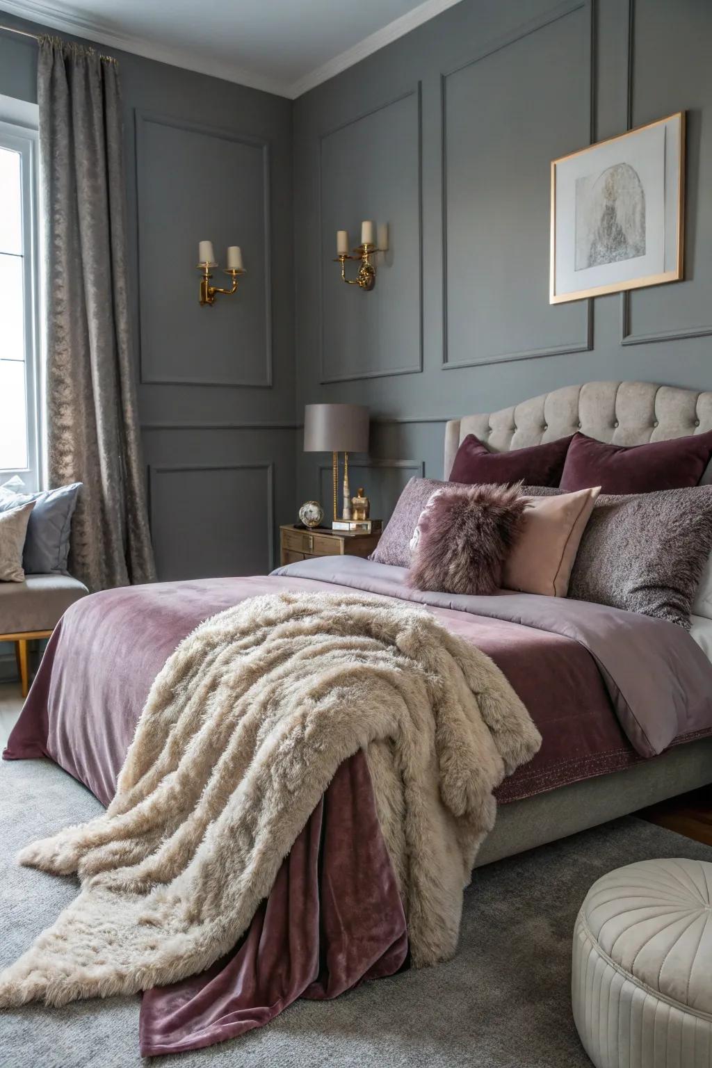 A cozy gray bedroom with inviting soft textures.