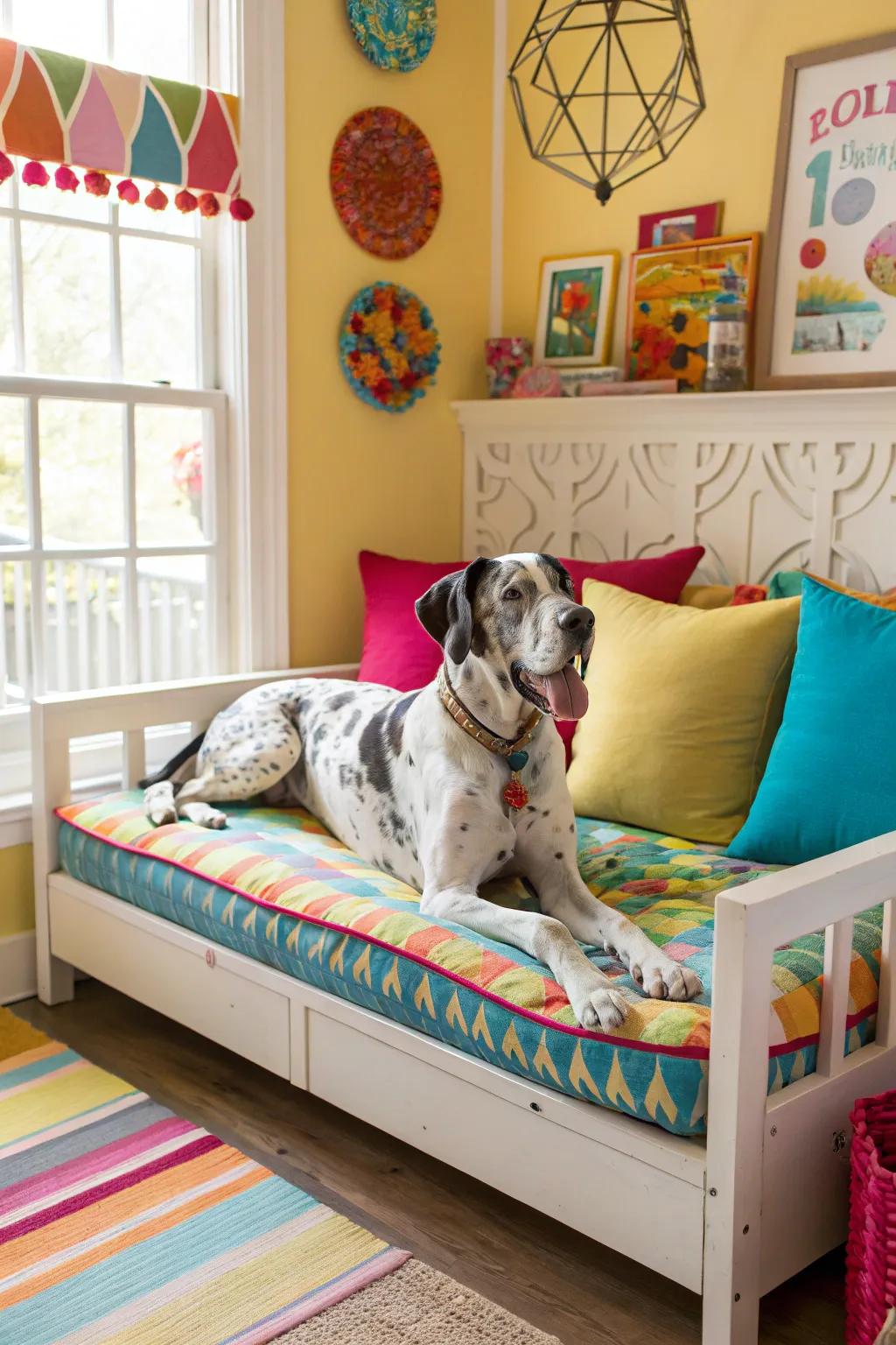 Day beds add a pop of color and provide a cozy spot for your Great Dane.