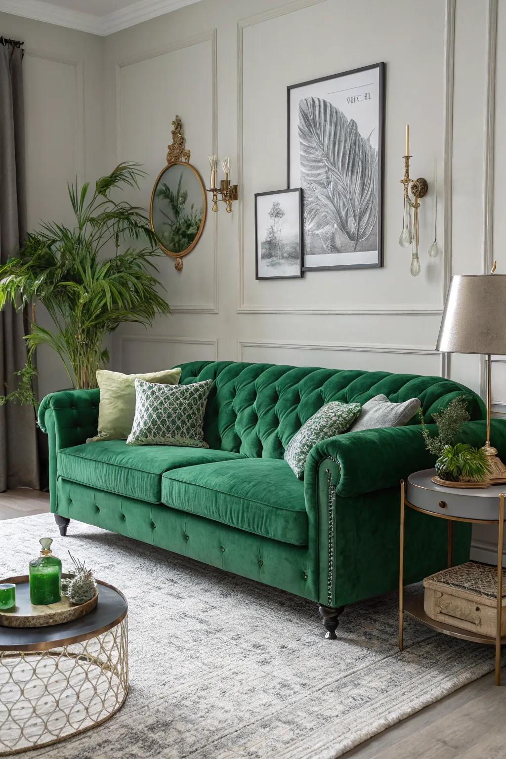 A sophisticated monochrome living room with layered green tones.