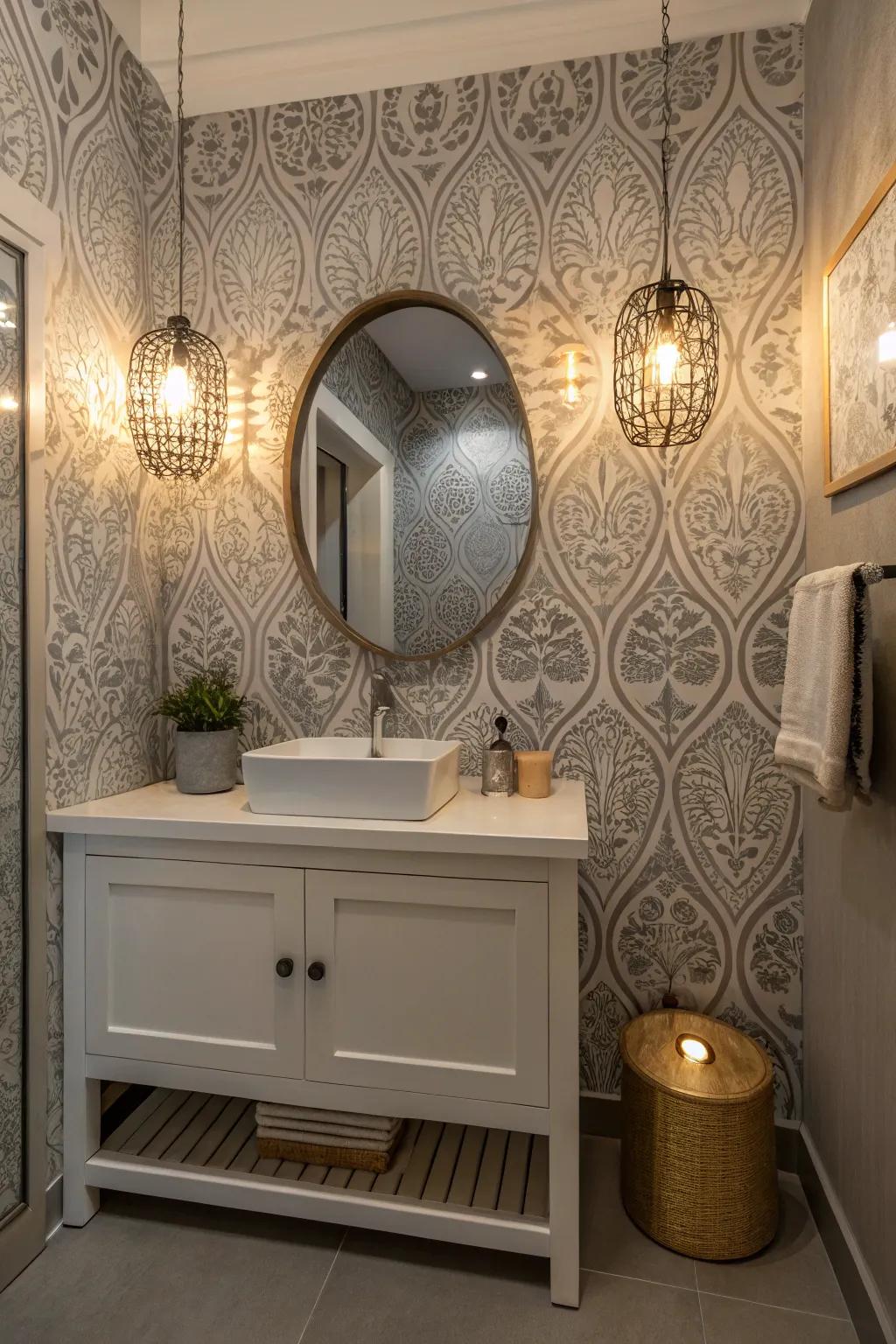 Patterned grey wallpaper adds texture and interest to this small bathroom.