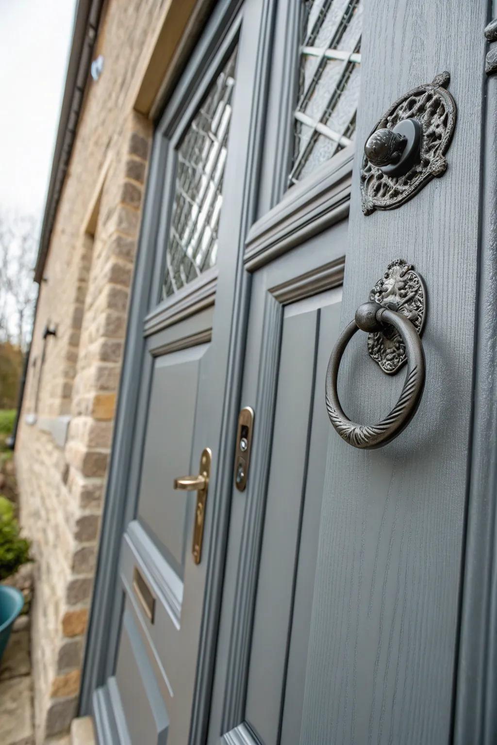 Unique hardware adds personality to this grey composite door.