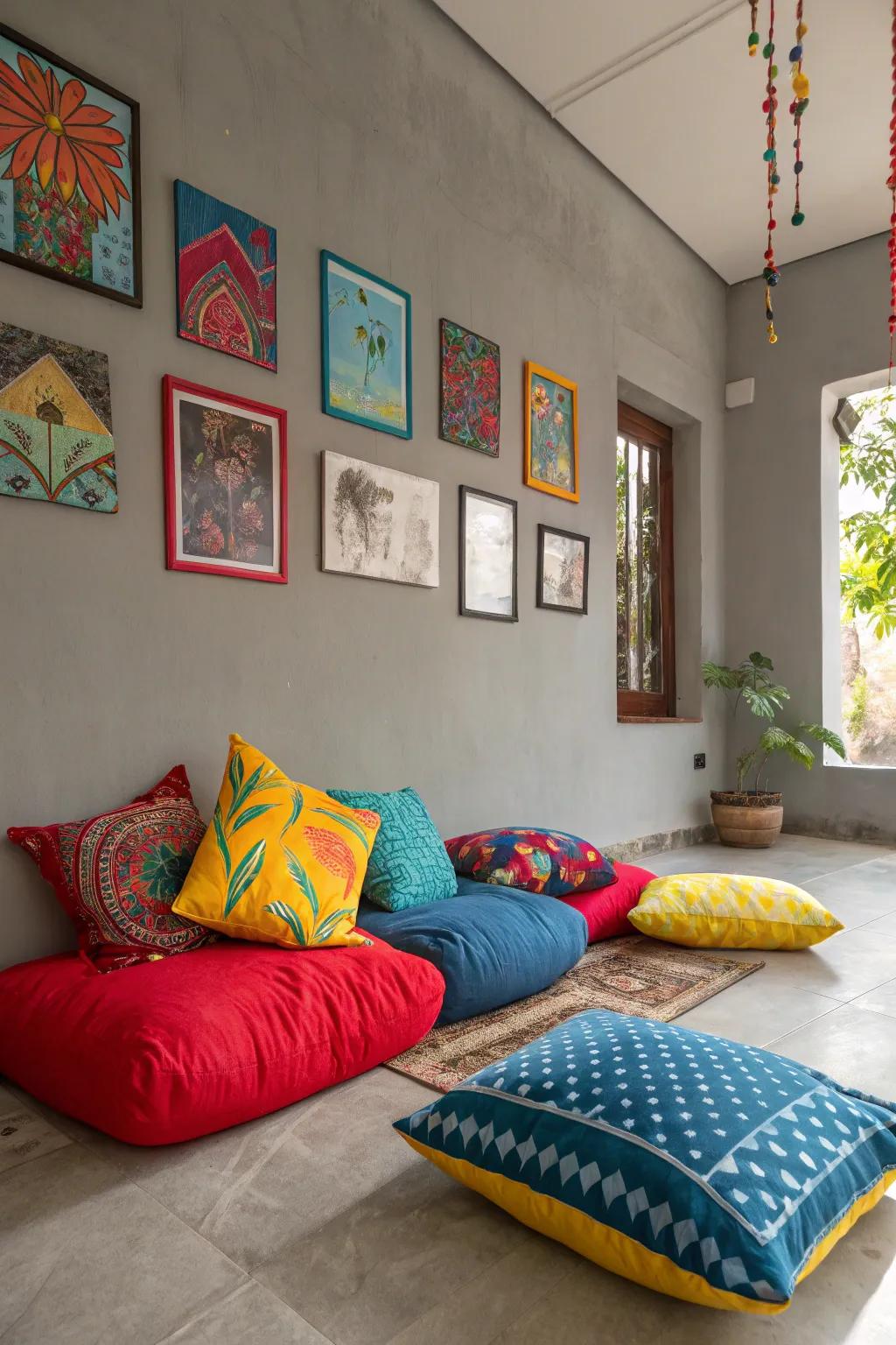 Colorful accessories add vibrancy to this grey room.