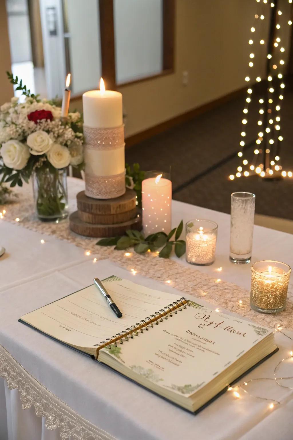 Candles add a warm, inviting glow to the guest book table.