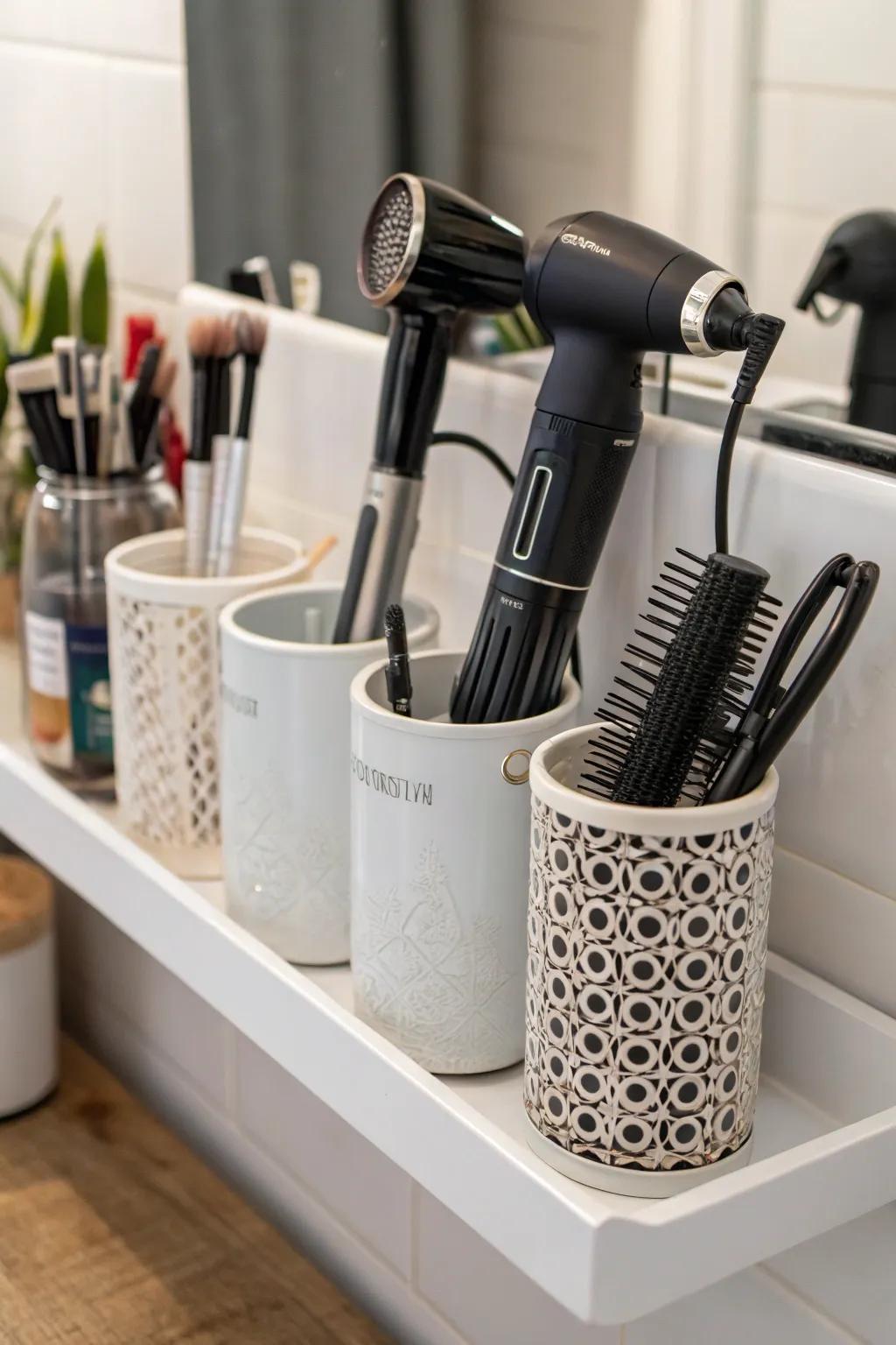 Elegant standalone containers for upright storage of hair tools.