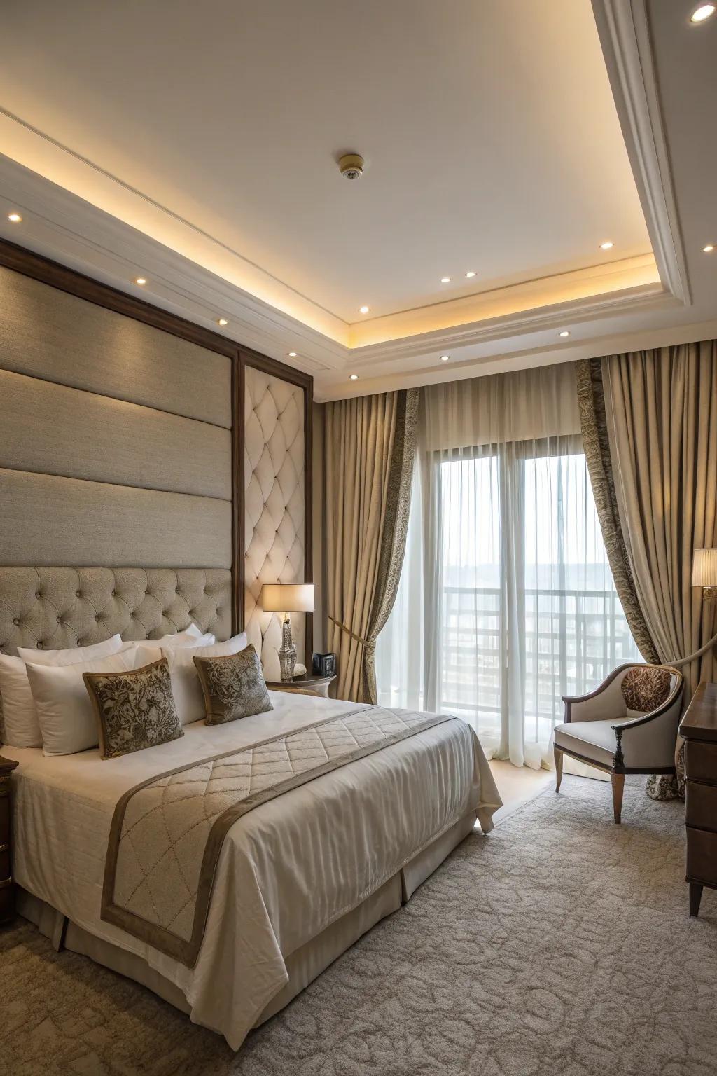 Luxurious bedroom with layered blinds and drapes.