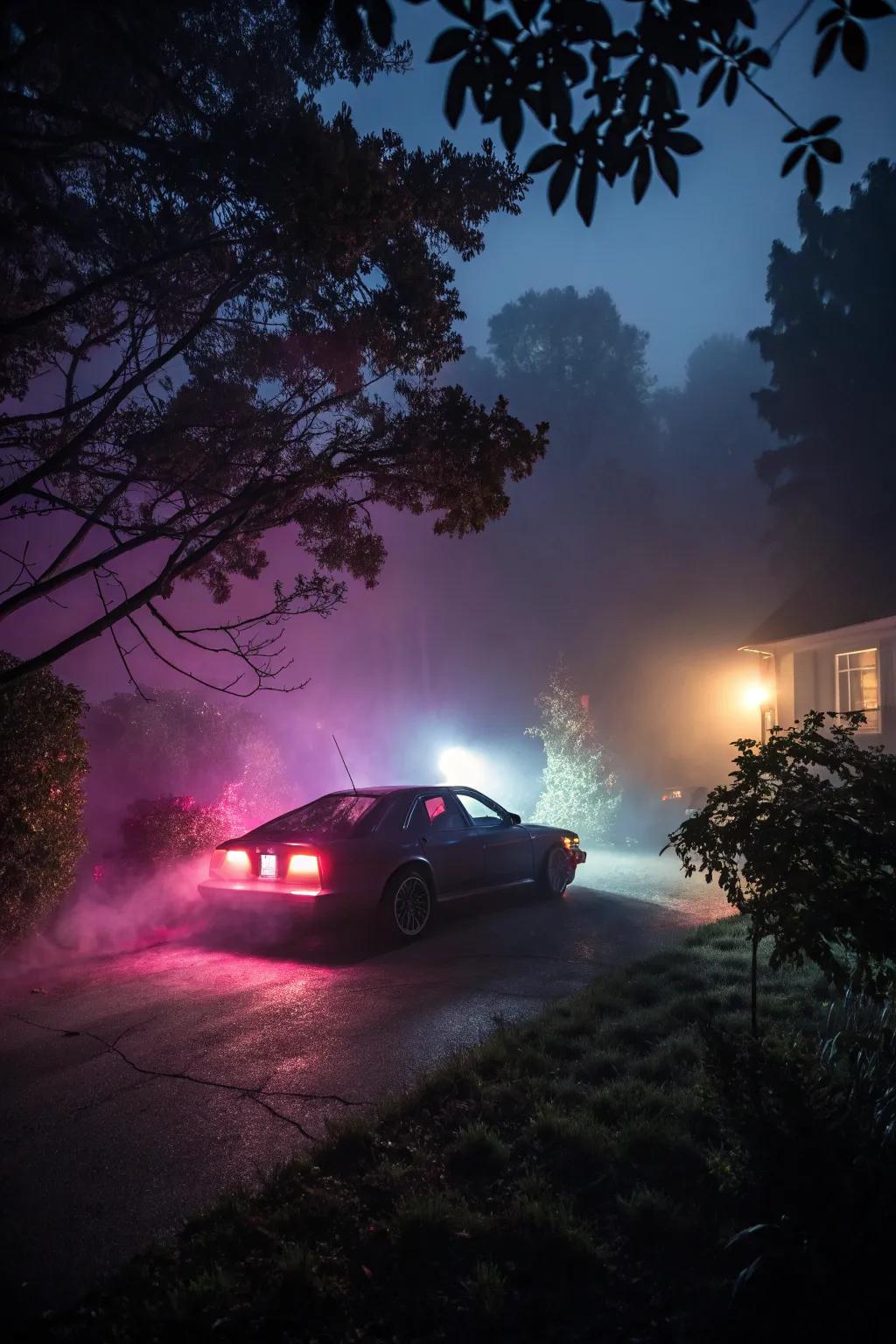 Fog and lights create a hauntingly beautiful scene.