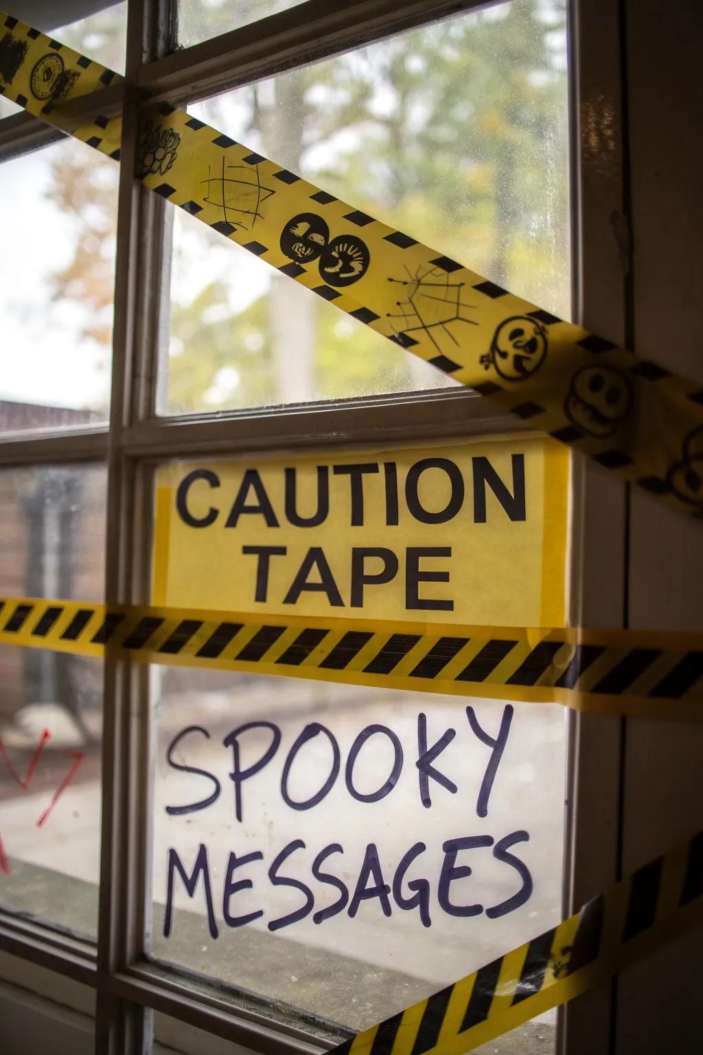 Caution tape-covered windows with eerie messages.