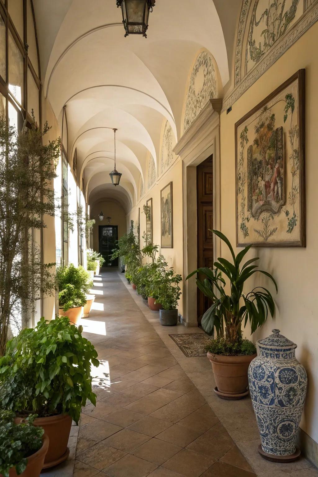 Plants and decor add depth and vibrancy to hallway art.