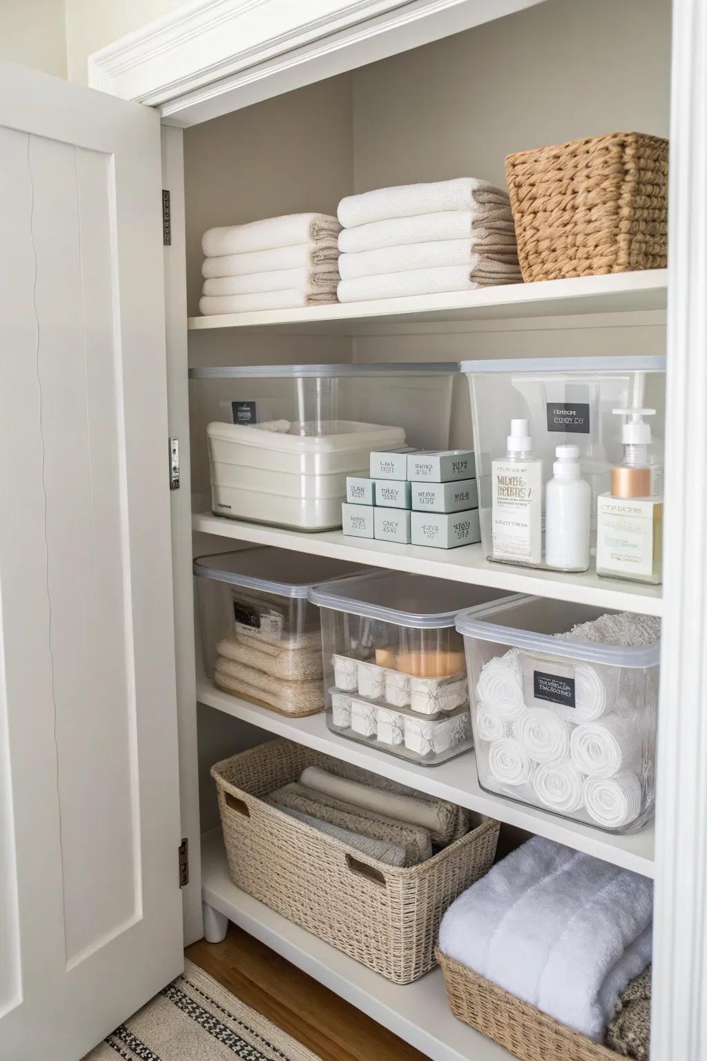 Clear containers keep small items organized and visible.