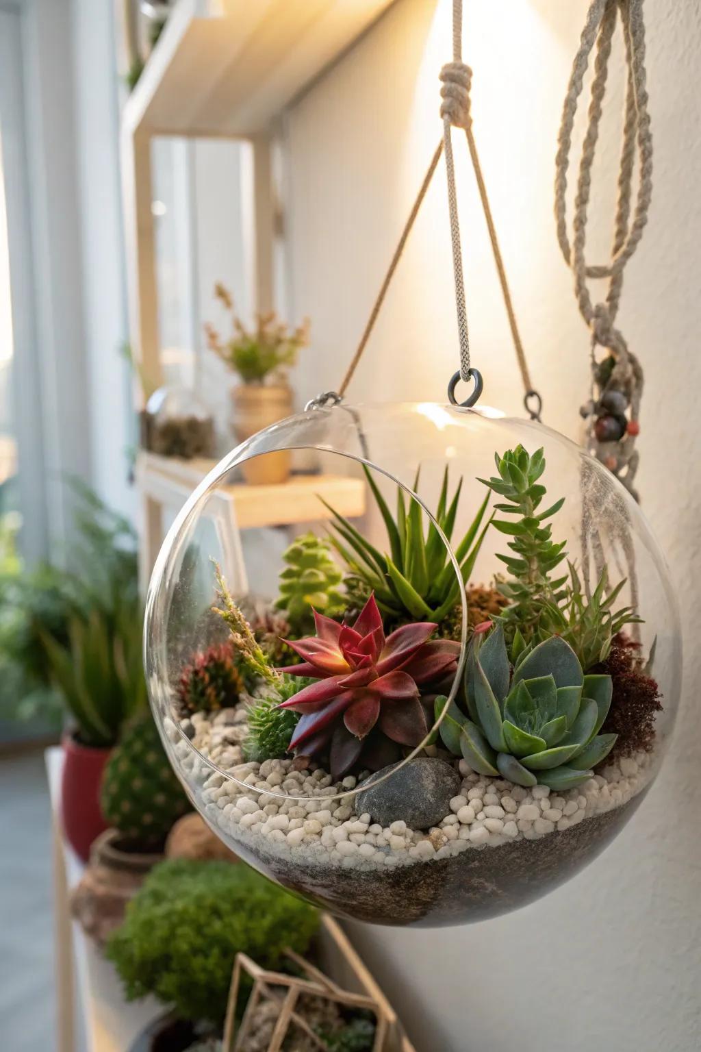 A colorful mix of succulents creating a lively terrarium display.