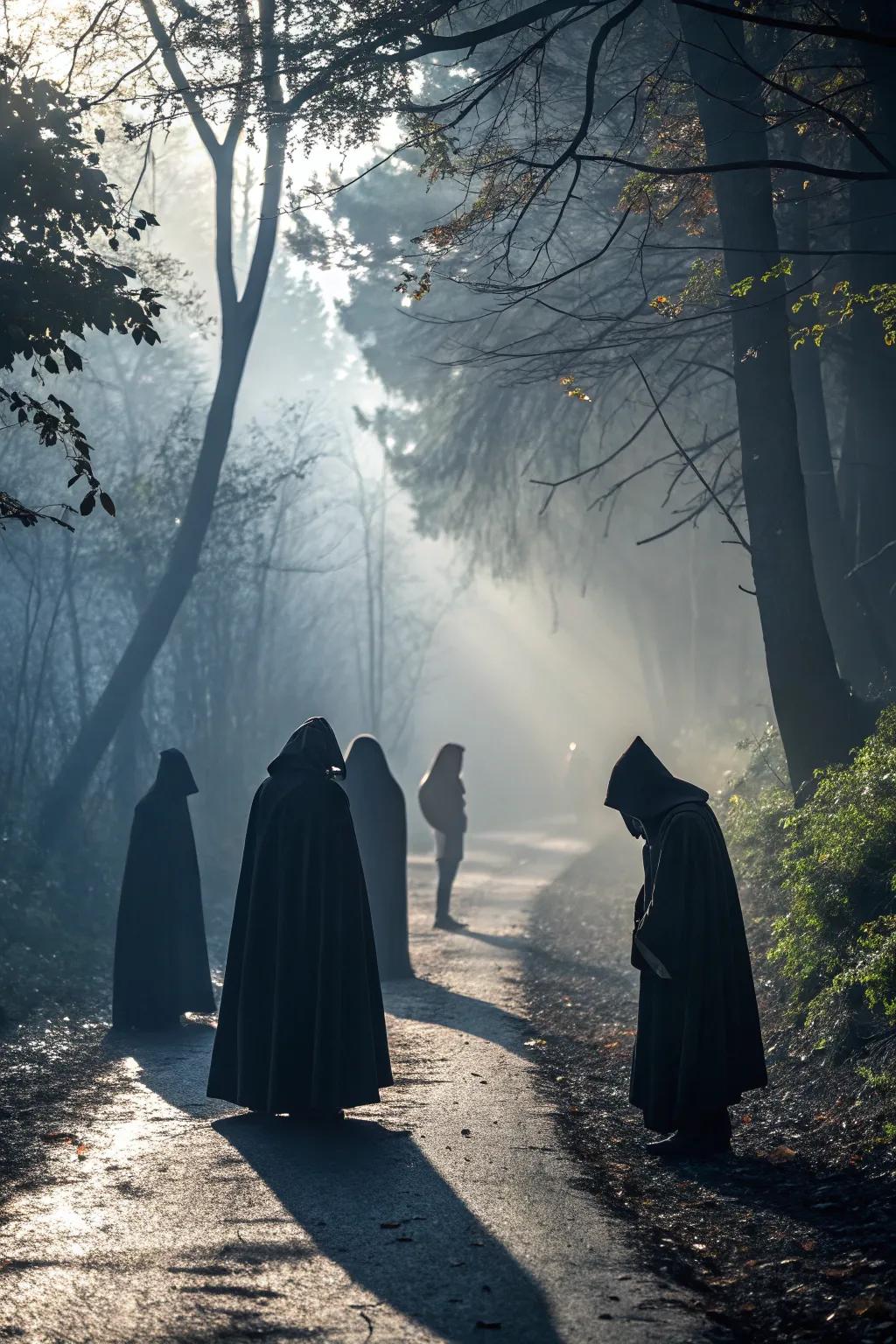 Encounter the unexpected with creepy figures lurking in the shadows.