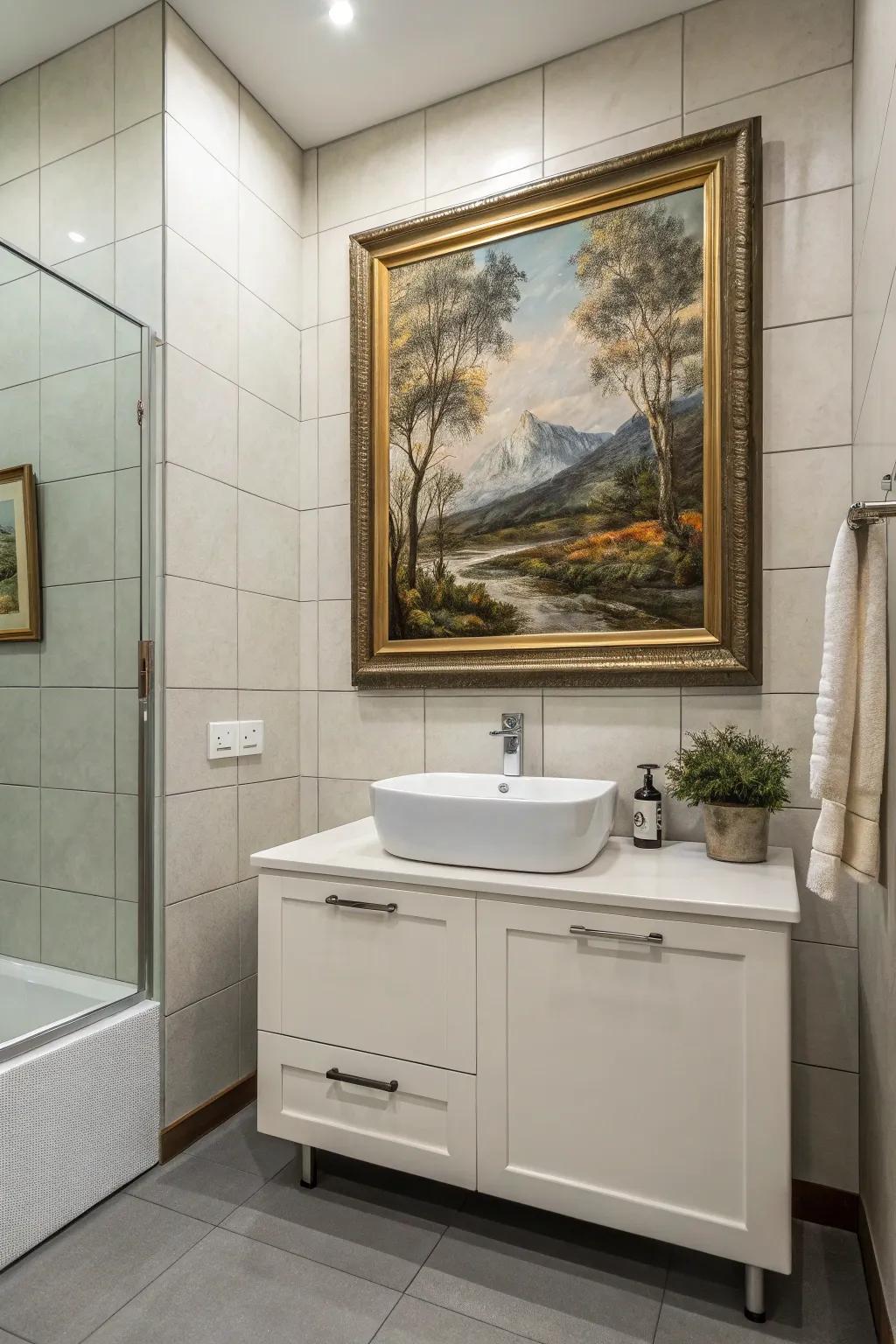 A painting cleverly hiding a medicine cabinet in a stylish bathroom.